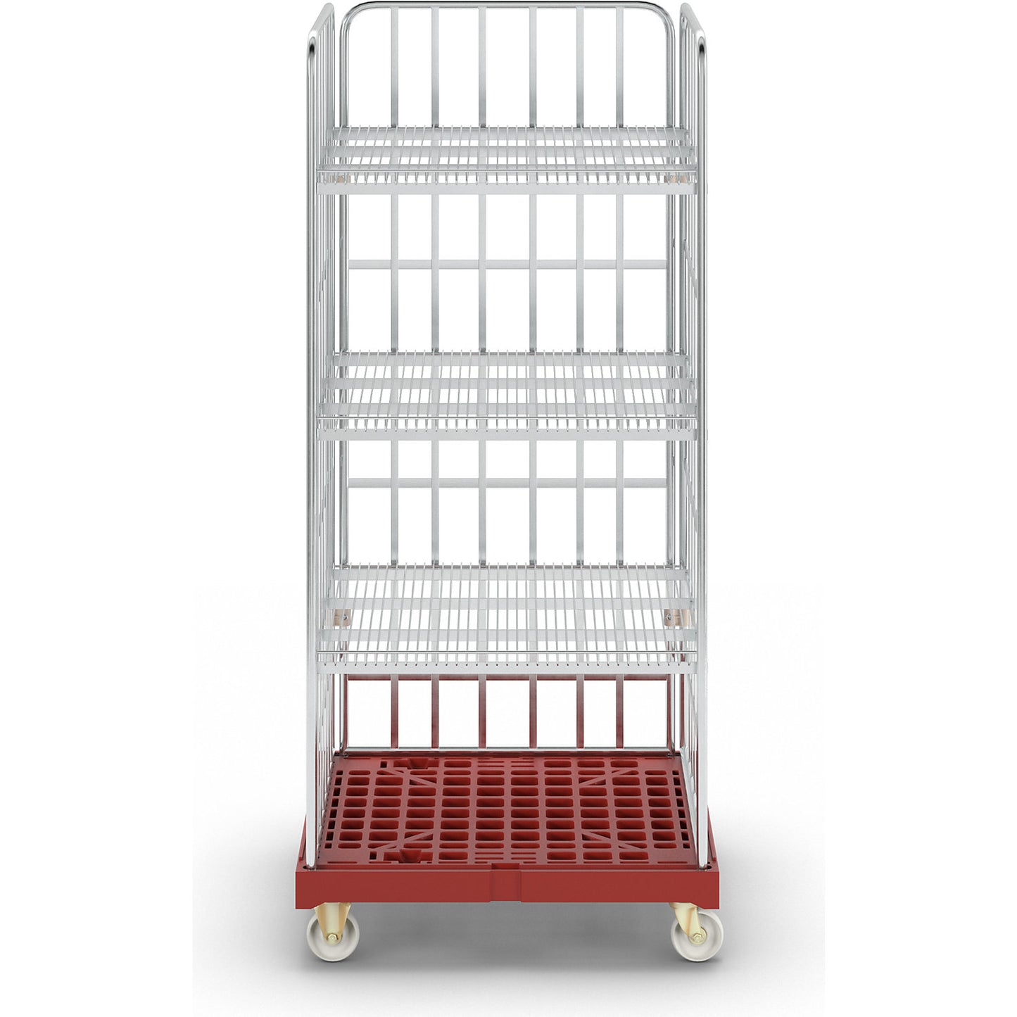 Roll cage incl. shelves, plastic transport base, red dolly.