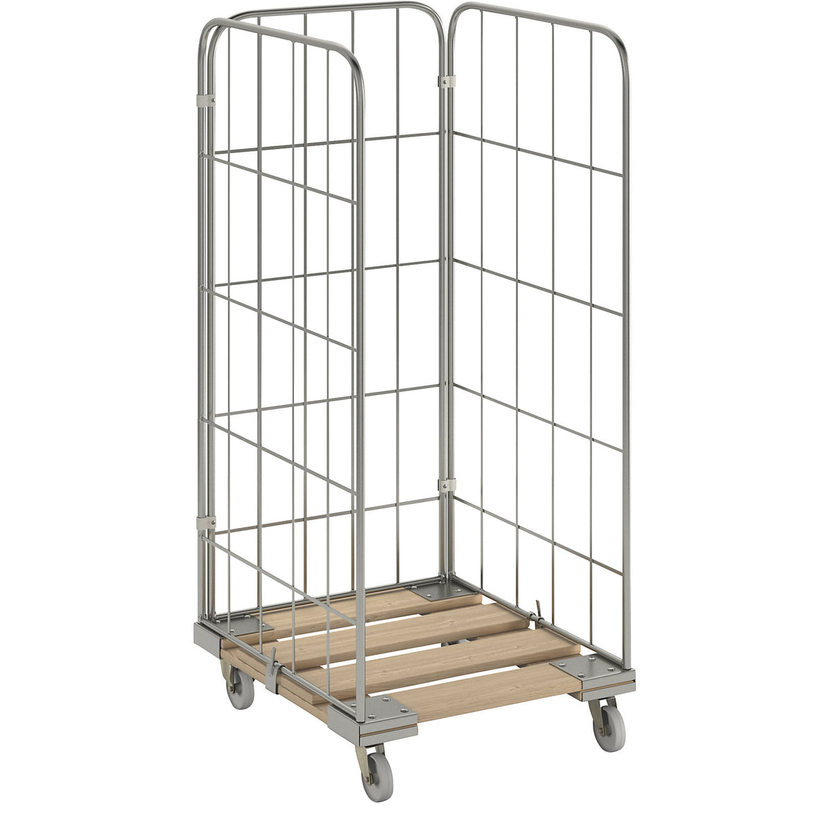 MODULAR roll container, wooden transport dolly, mesh on 3 sides.