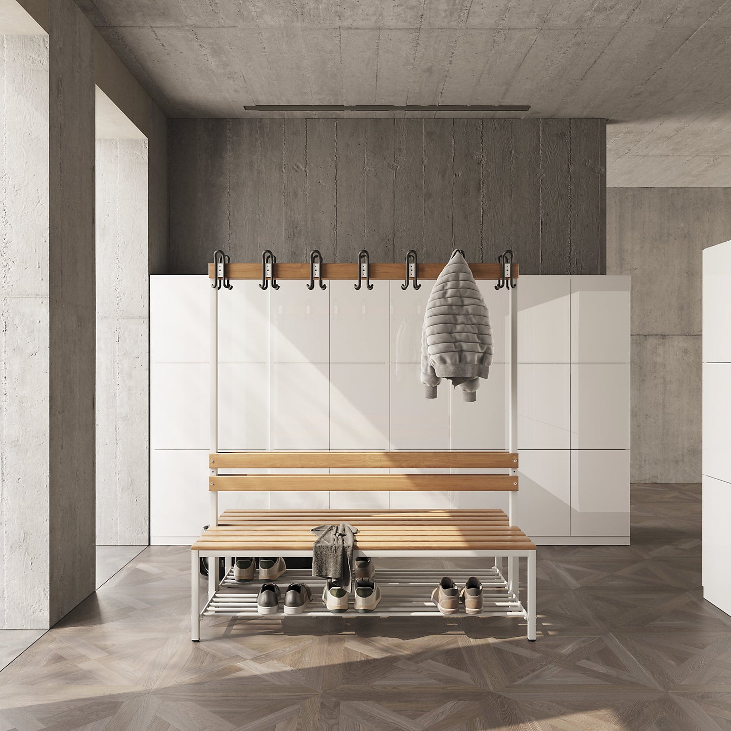 Shoe shelf for eurokraft basic changing room bench, for length 1500 mm, light grey.