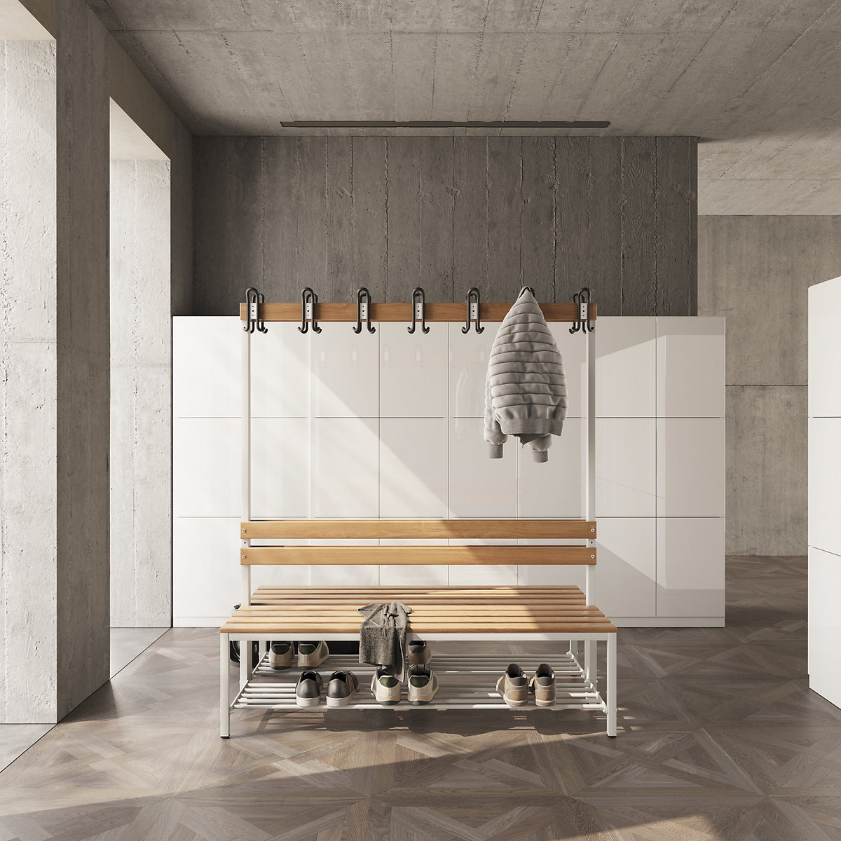 Shoe shelf for eurokraft basic changing room bench, for length 1500 mm, light grey.