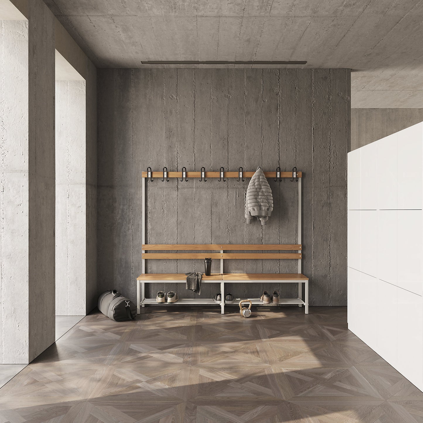 Shoe shelf for eurokraft basic changing room bench, for length 2000 mm, light grey.