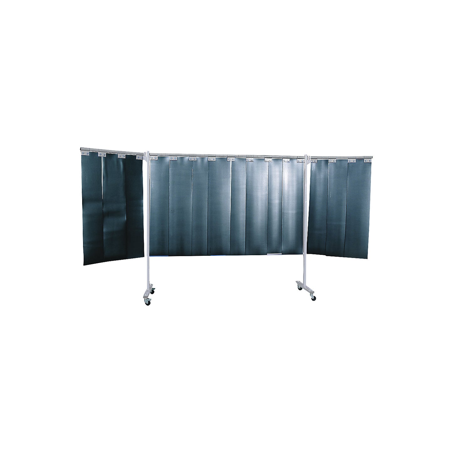 Mobile welding protection screen, 3-part model, HxW 1930 x 3800 mm, with lamellar curtain, dark green.