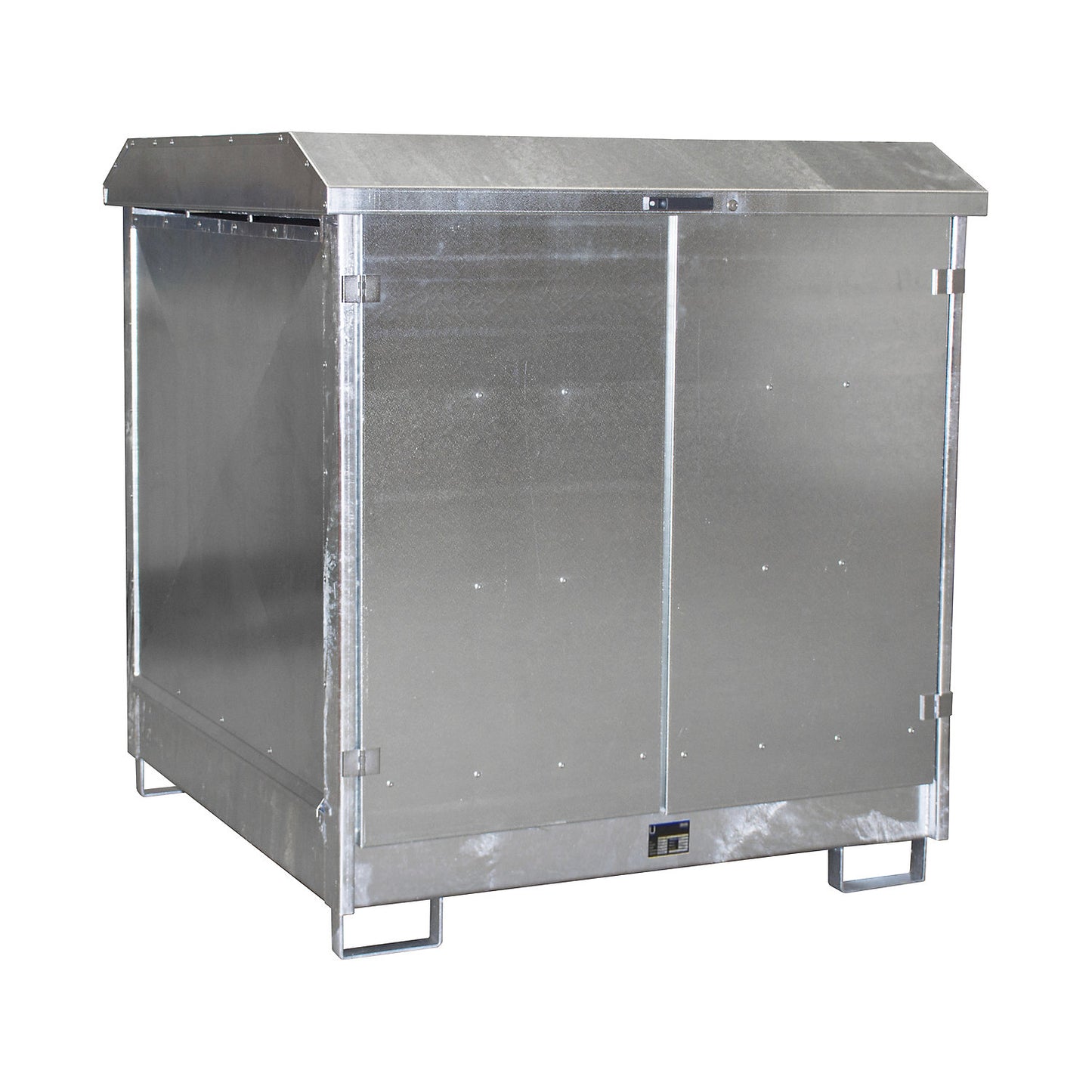 Hazardous goods storage unit, with 2 hinged doors and forklift pockets, for 4 x 200 litre drums, zinc plated.
