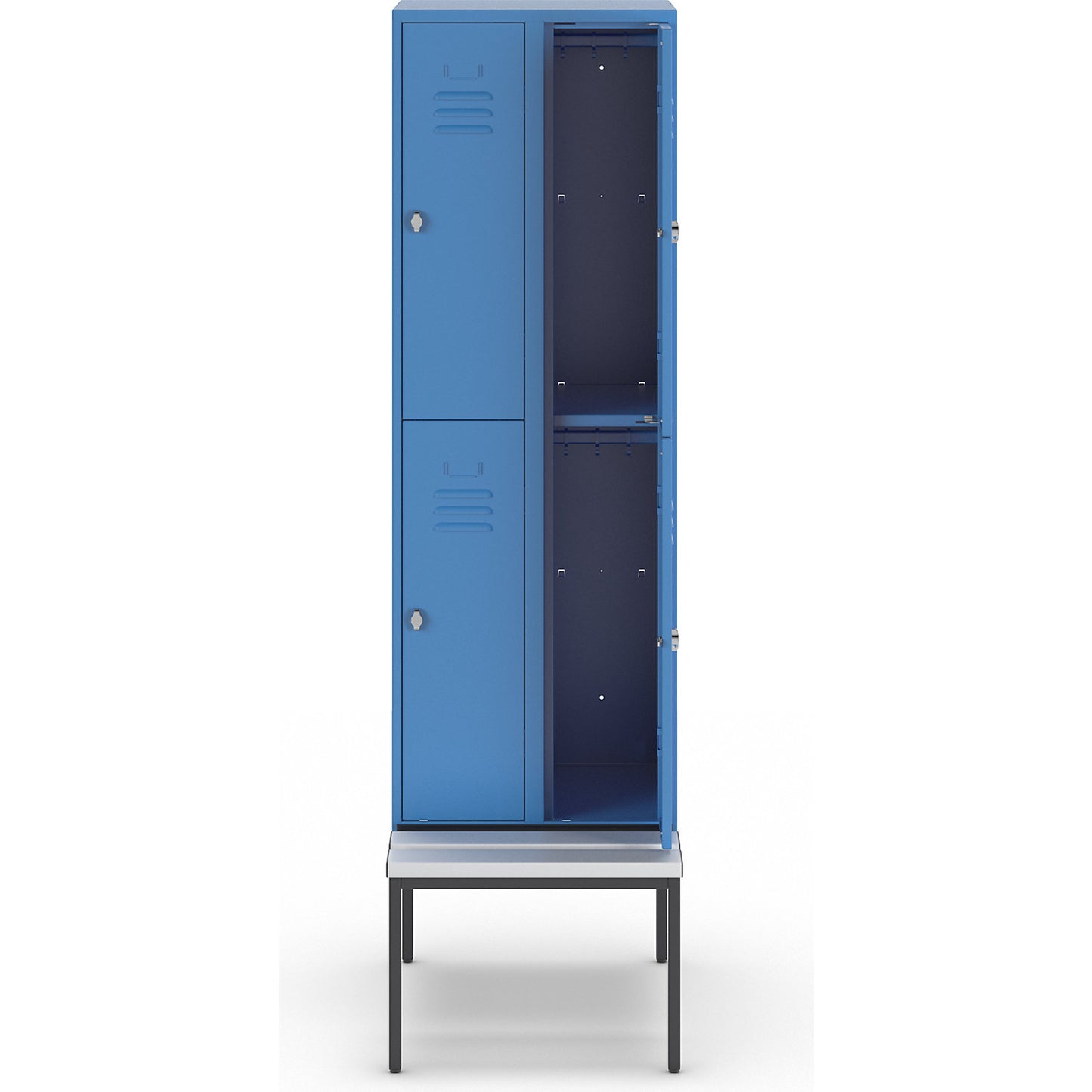 Berlin 2 double deck clothes locker with bench seat, 2 sections, light blue, width 600 mm, 4 compartments.