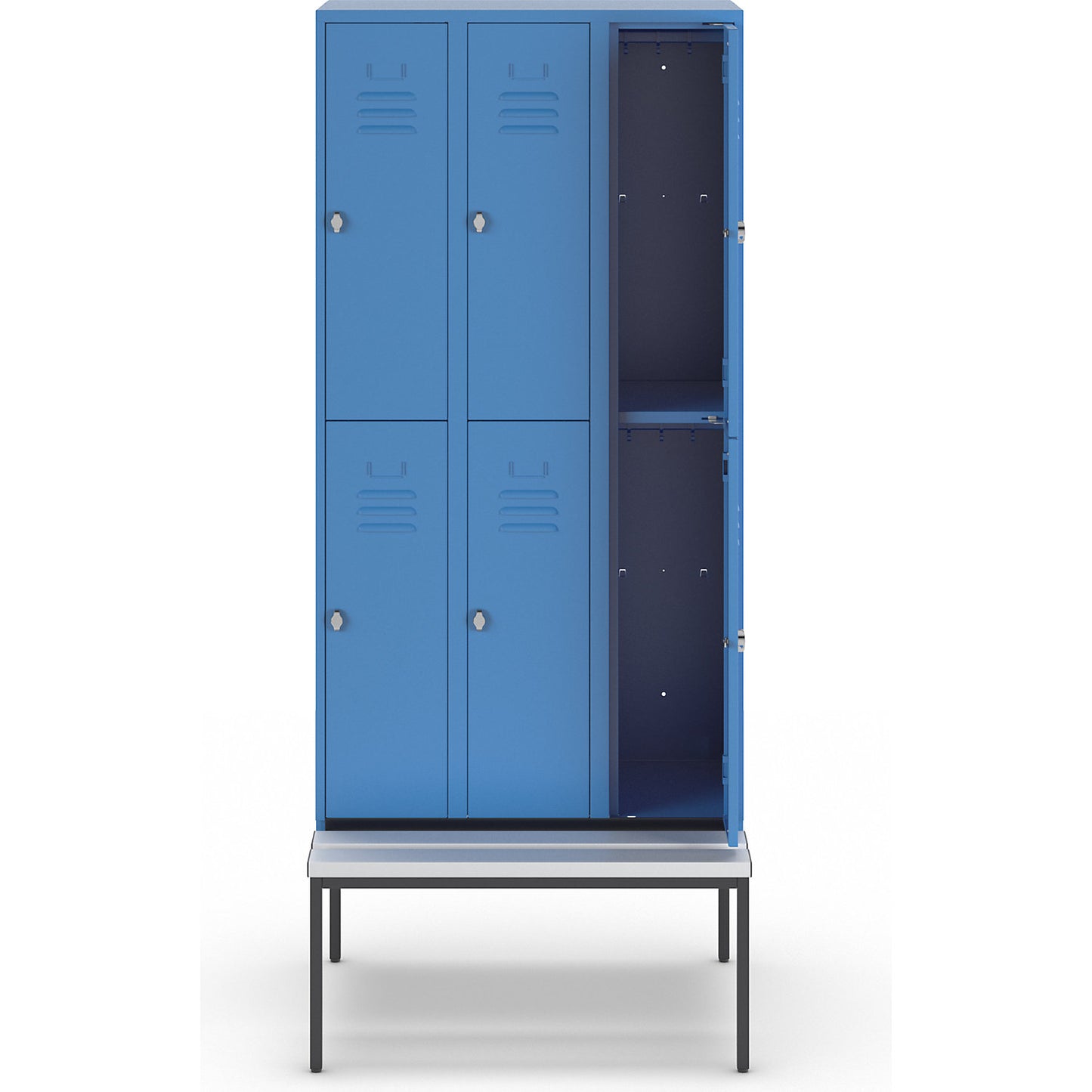 Berlin 2 double deck clothes locker with bench seat, 3 sections, light blue, width 900 mm, 6 compartments.