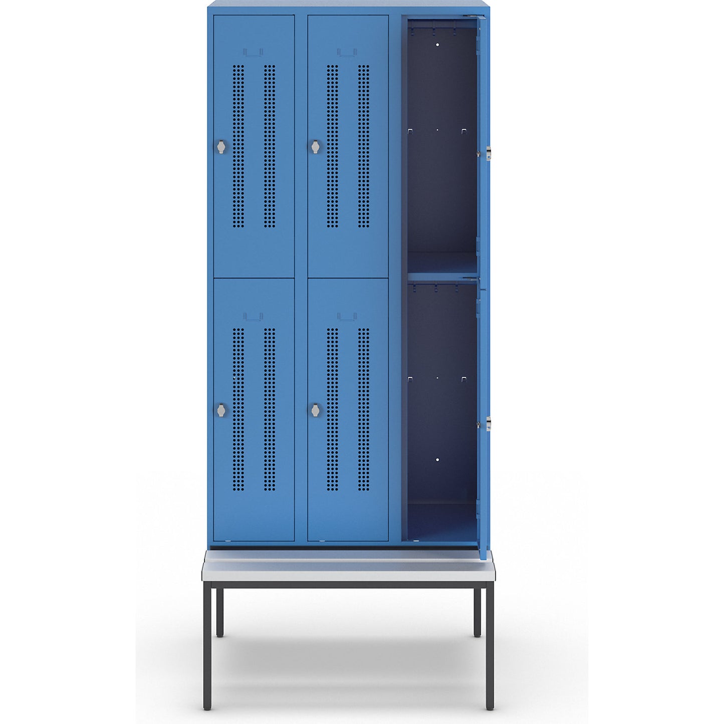Berlin 1 double deck clothes locker with bench seat, 3 sections, light blue, width 900 mm, 6 compartments.
