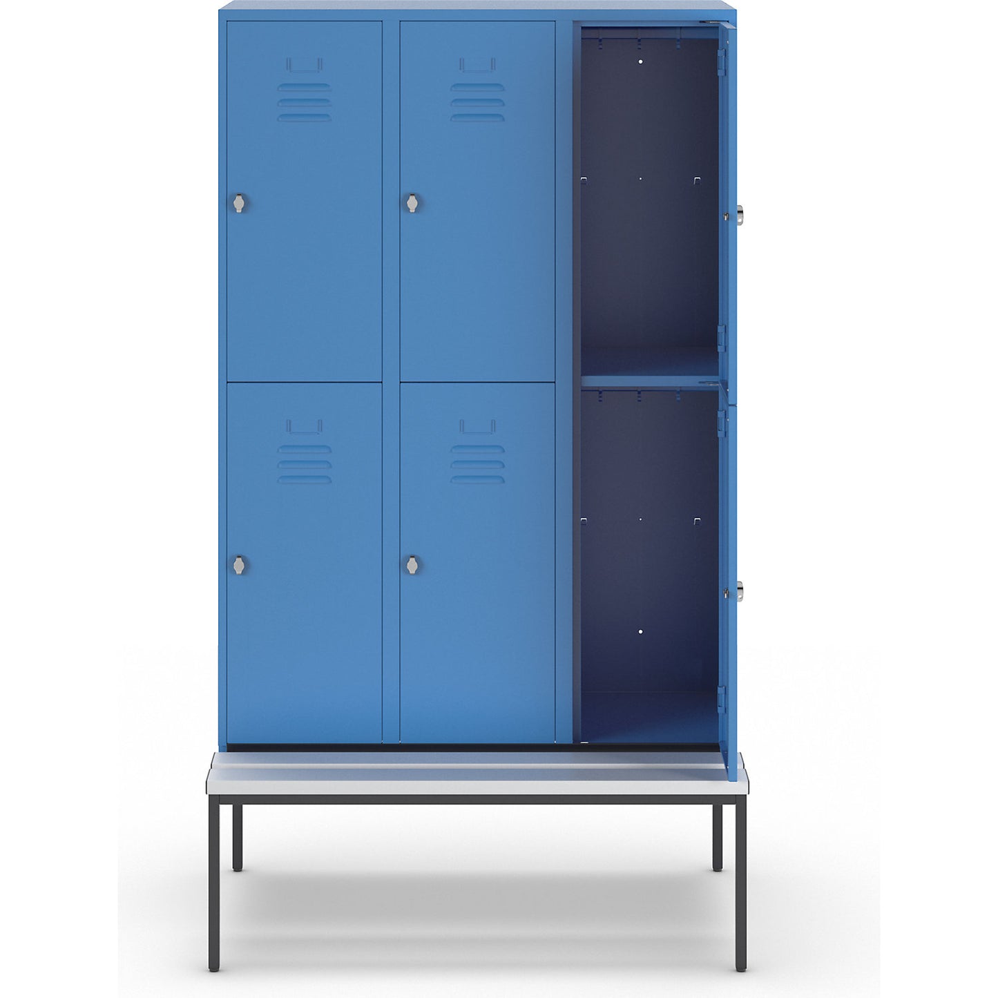 Berlin 2 double deck clothes locker with bench seat, 3 sections, light blue, width 1200 mm, 6 compartments.