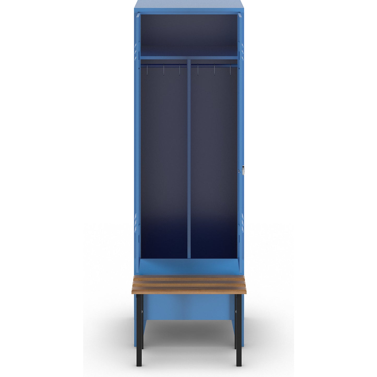 Berlin 2 clean and dirty locker with bench seat, centre divider, 1 compartment, light blue, W 600 mm, bench mounted in front, beech wood.