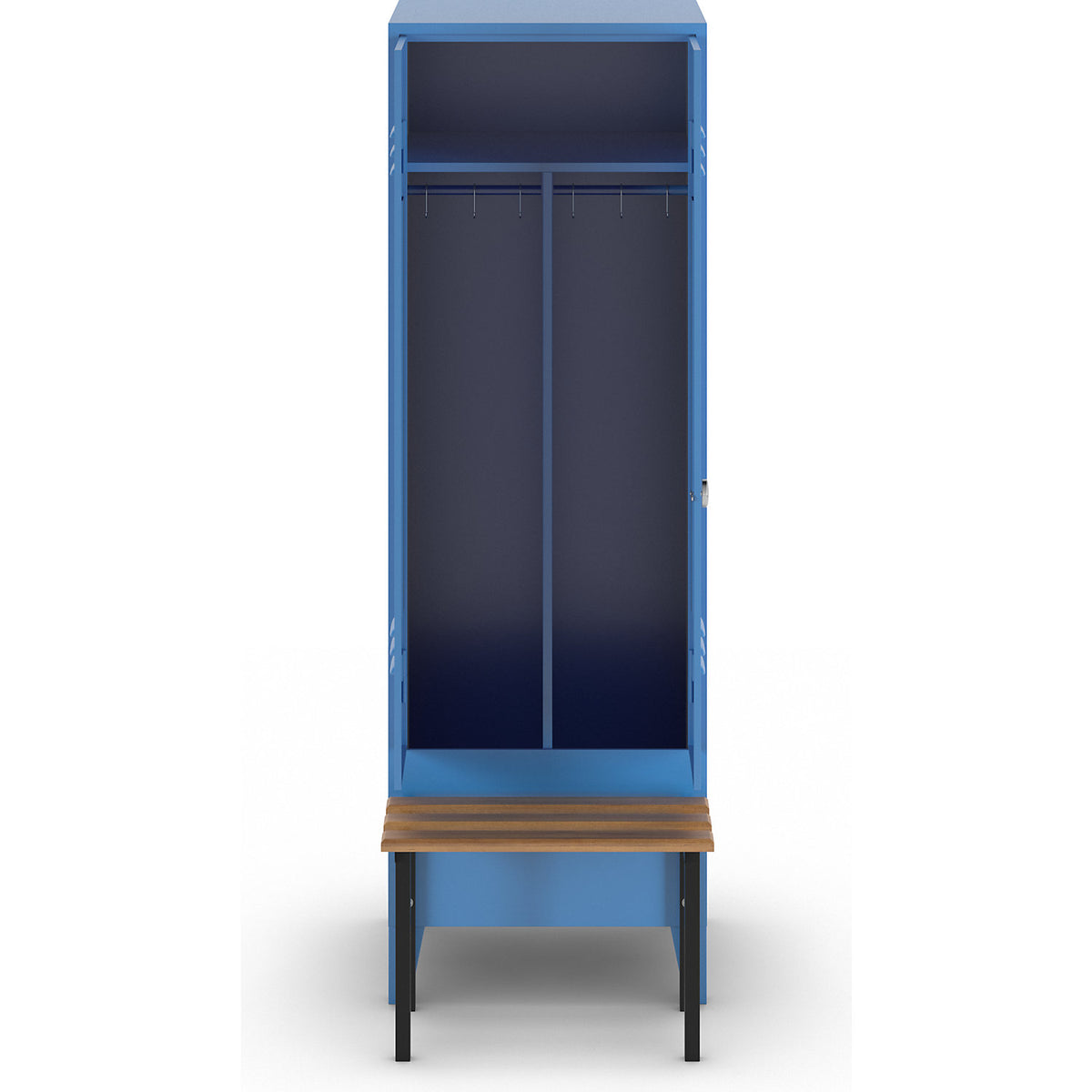 Berlin 2 clean and dirty locker with bench seat, centre divider, 1 compartment, light blue, W 600 mm, bench mounted in front, beech wood.