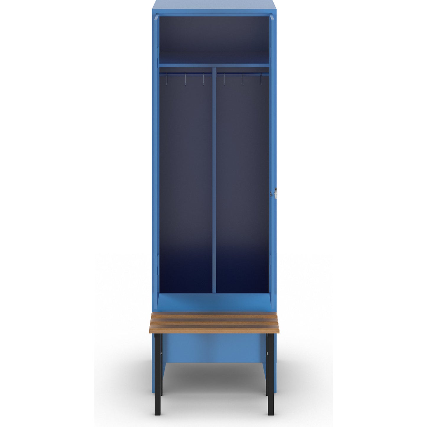 Berlin 1 clean and dirty locker with bench seat, centre divider, 1 compartment, light blue, W 600 mm, bench mounted in front, beech wood.