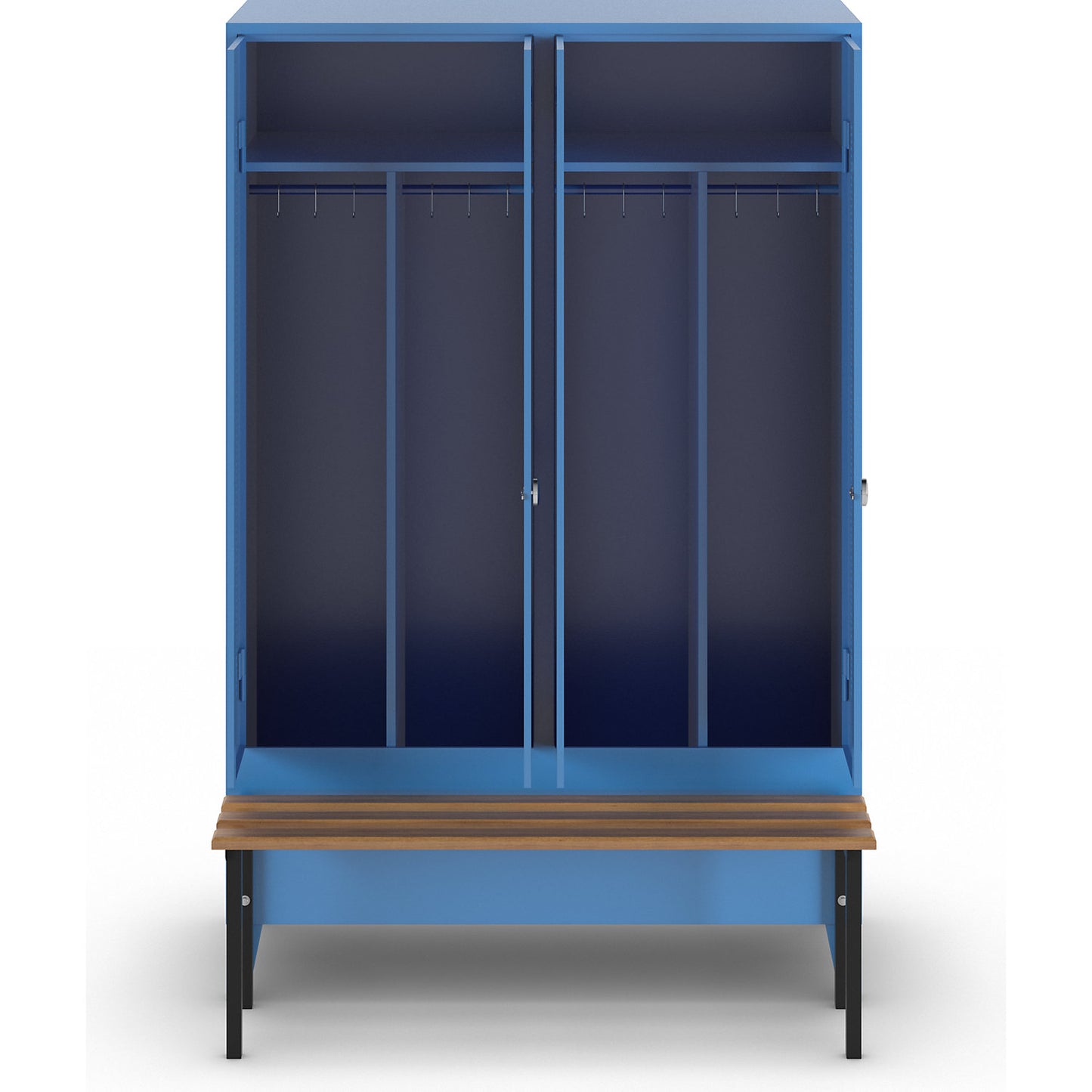 Berlin 1 clean and dirty locker with bench seat, centre divider, 2 compartments, light blue, W 1200 mm, bench mounted in front, beech wood.