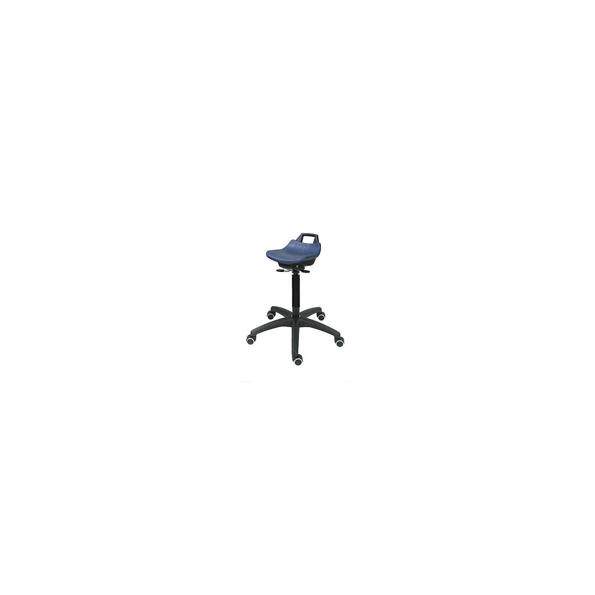 Stool with gas-lift height adjustment, with castors, polyurethane foam seat in blue.