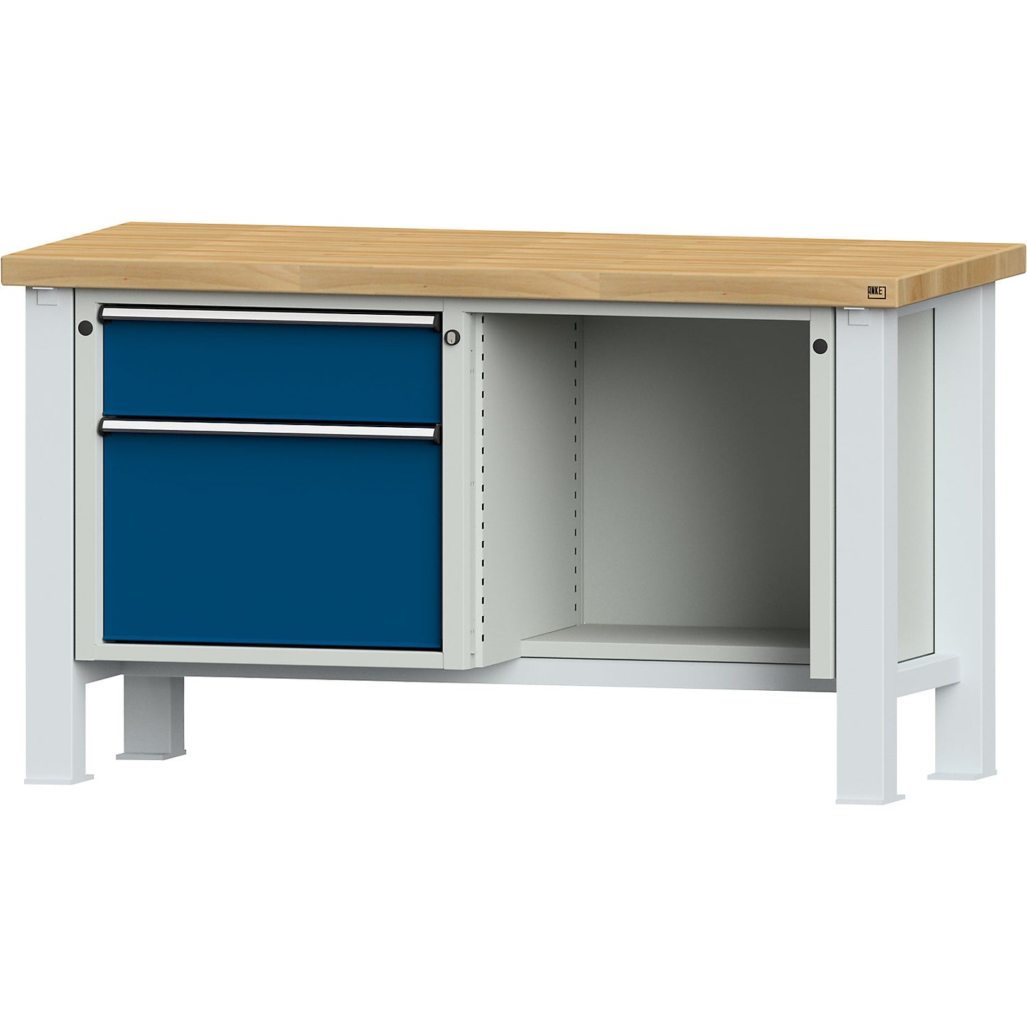 Heavy duty workbench, worktop width 1500 mm, with 1 drawer and 1 hinged door, worktop thickness 50 mm.