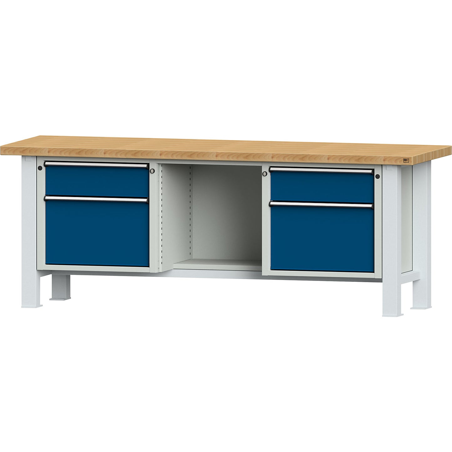 Heavy duty workbench, worktop width 2250 mm, with 2 drawers and 2 hinged doors, 1 open compartment, worktop thickness 50 mm.