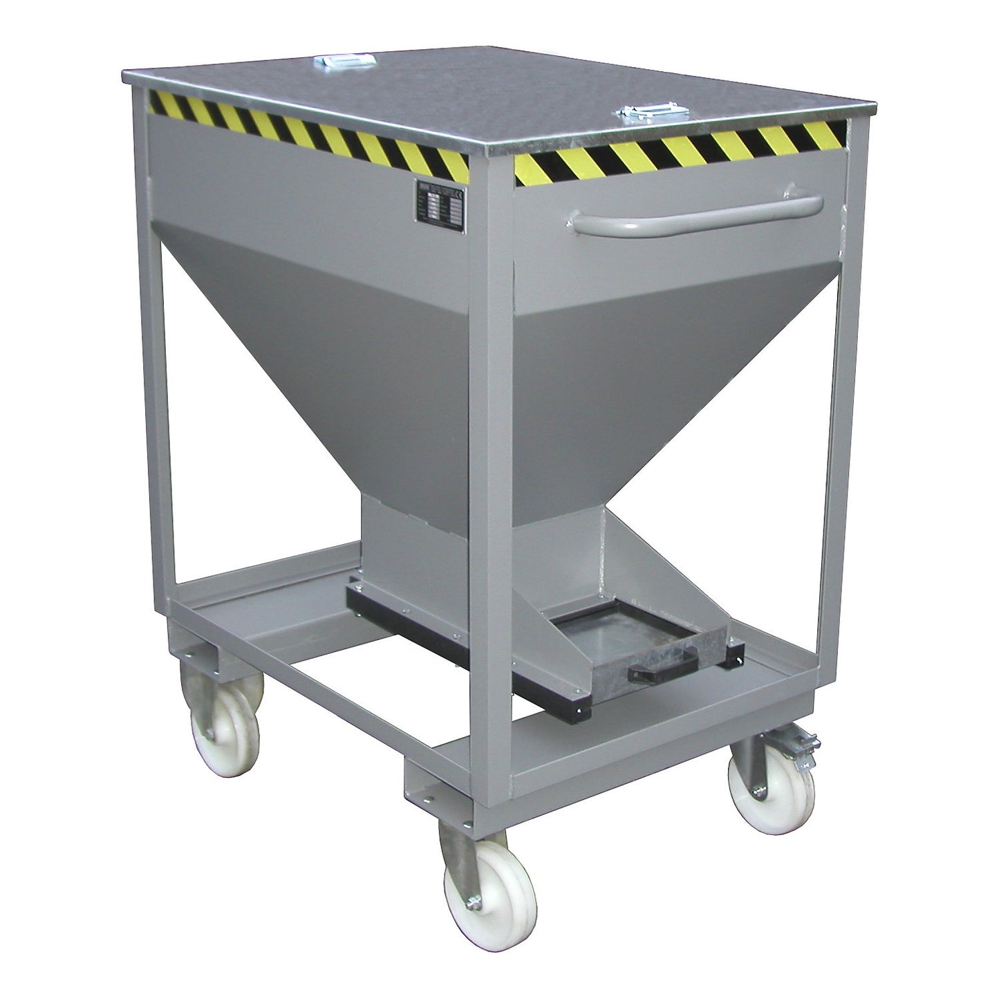 Dispensing hopper, funnel head, mobile with forklift pockets, capacity 0.6 m³, galvanised.