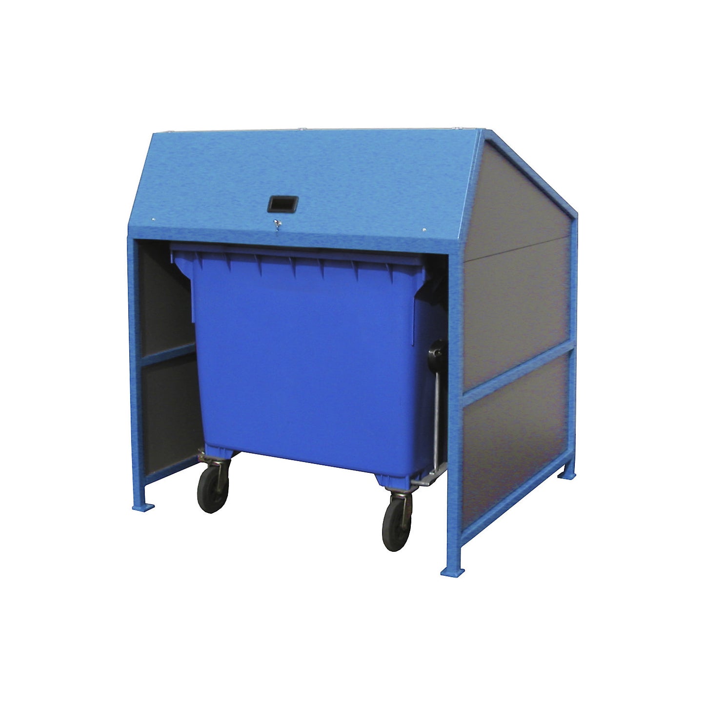 Waste bin enclosure, enclosed on 3 sides, frame in blue.