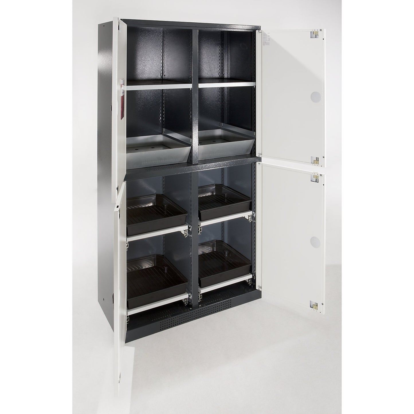 MULTIRISK chemical storage cupboard, 1 shelf, 1 base sump tray, HxWxD 1950 x 1055 x 520 mm, 4 compartments.