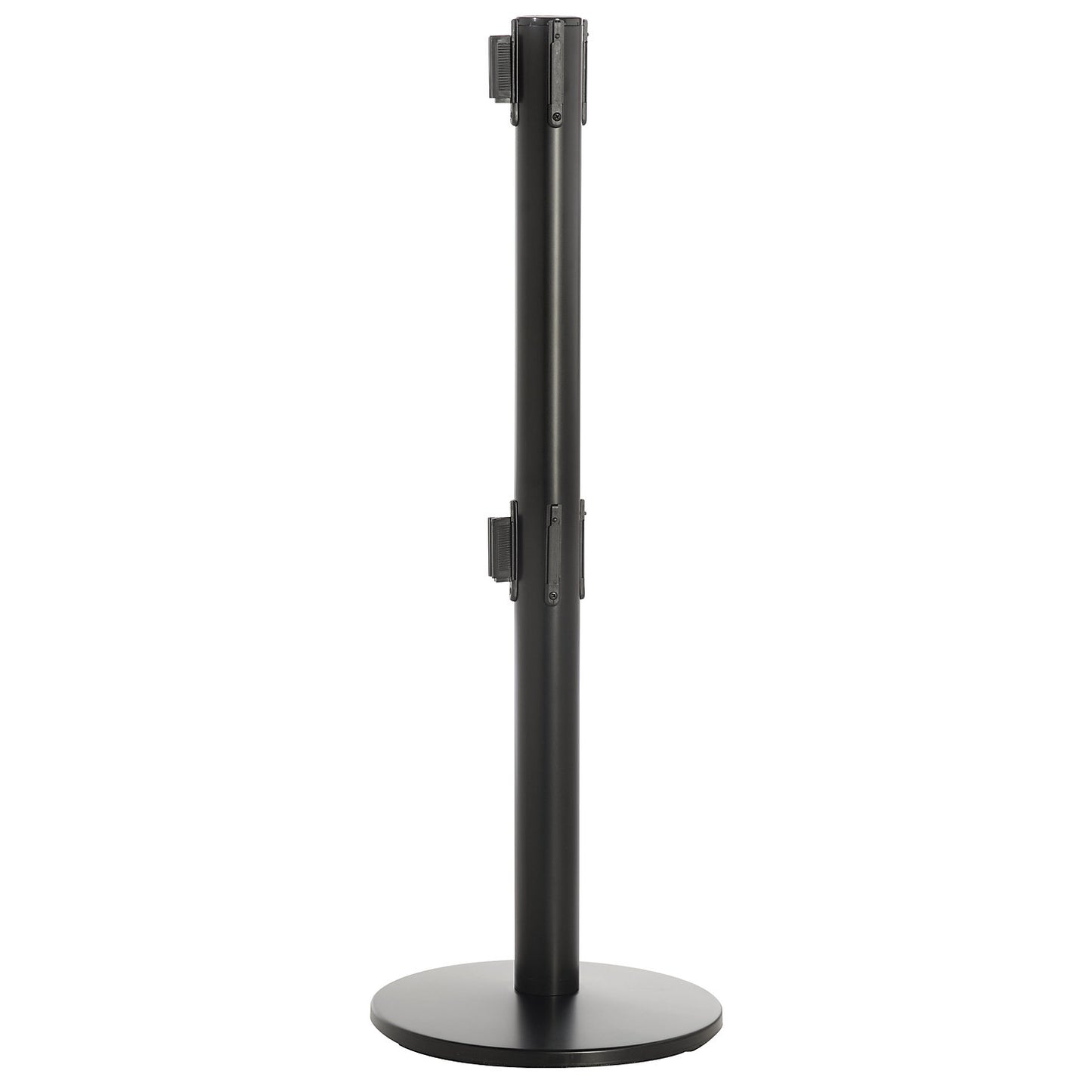 Dual line belt barrier, powder coated black, black belt, extends 3650 mm.