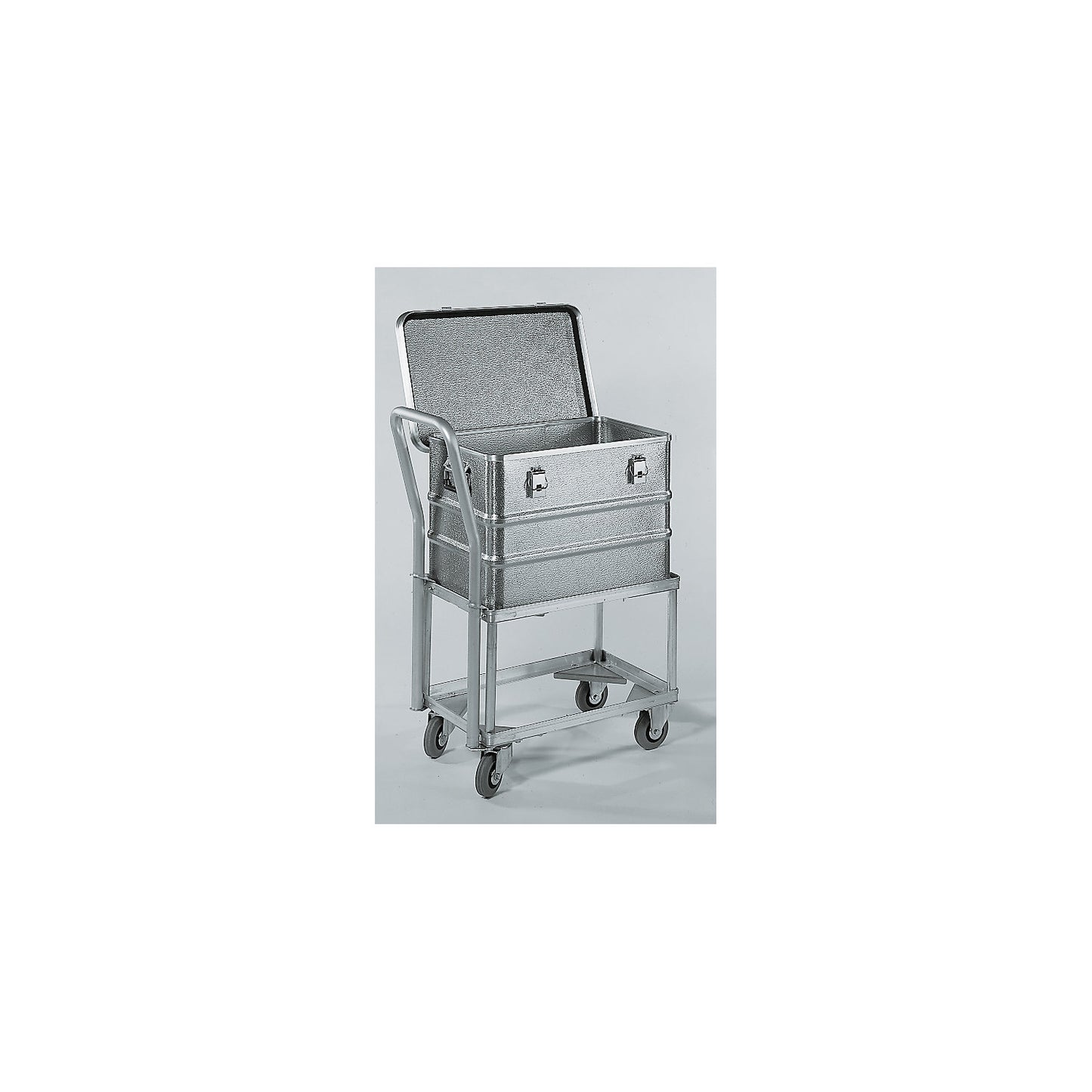 Aluminium dolly, loading height 440 mm, internal LxW 772 x 572 mm, with handle bar.