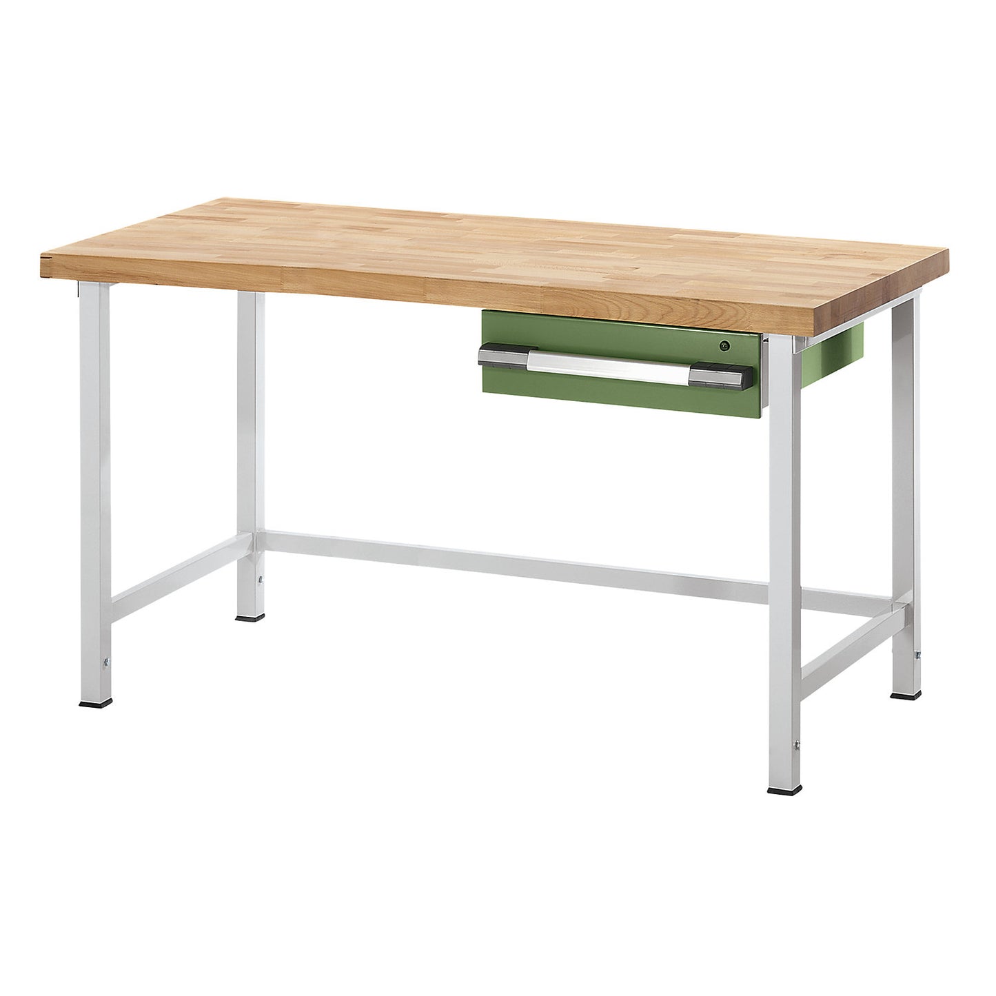 Height-adjustable workbench, frame construction, 1 drawer, width 2000 mm, light grey / green.