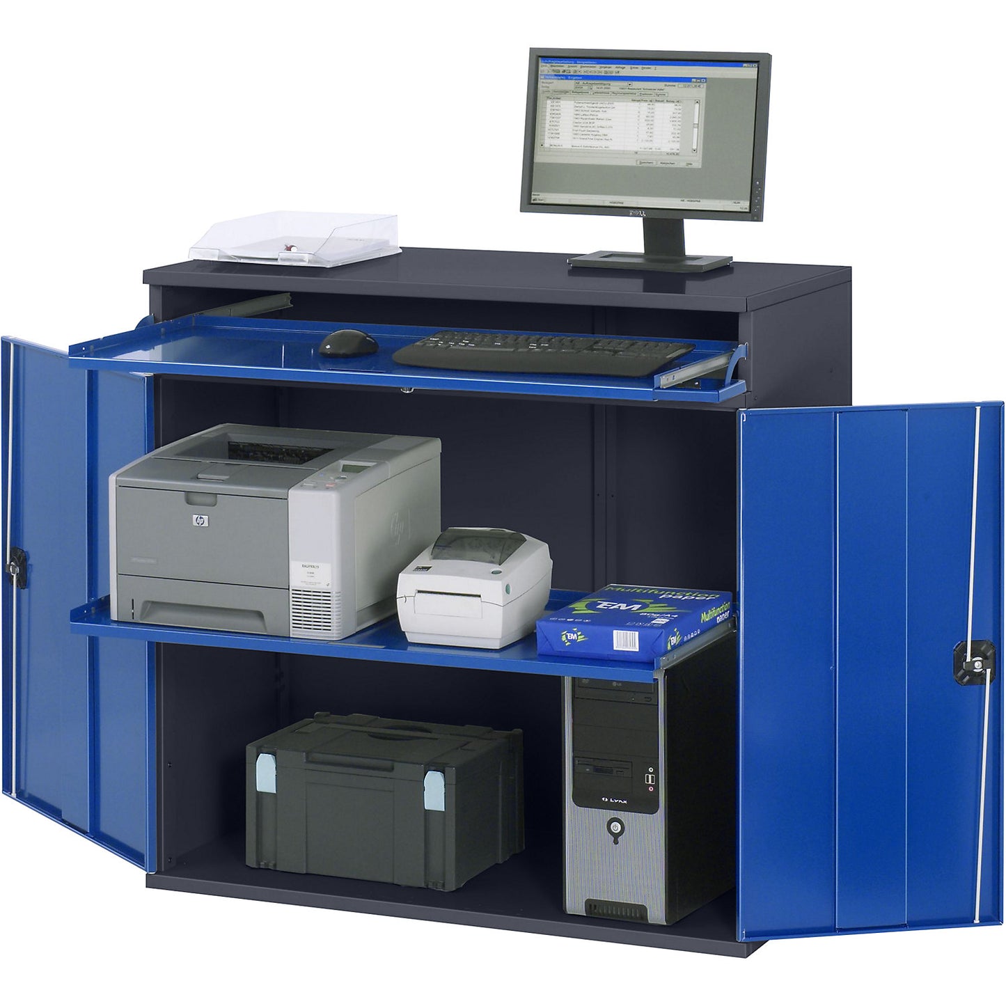 Computer workstation, cupboard housing with 1 pull-out shelf, width 1100 mm, charcoal / gentian blue.