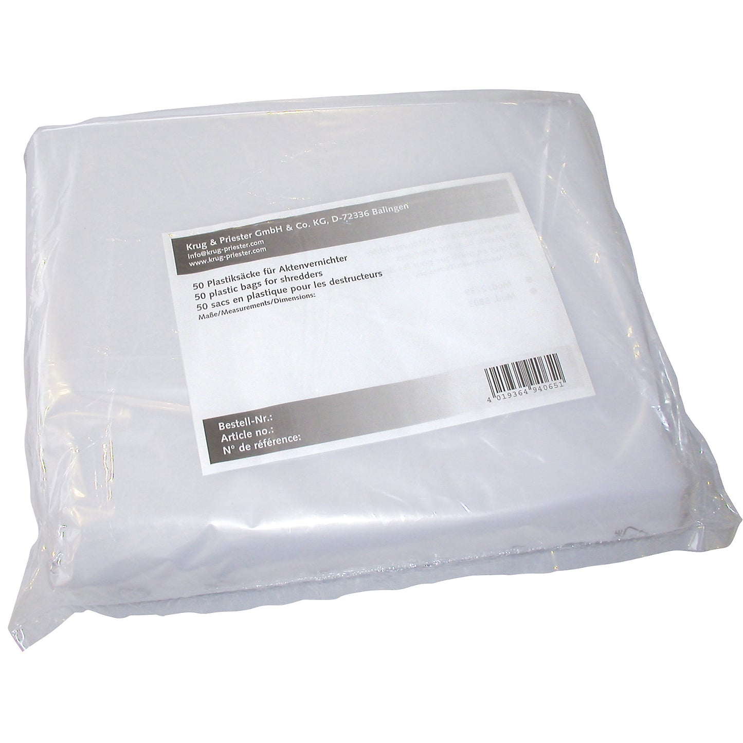 PE collection bag, for document shredders with 165 l collection capacity, pack of 50.