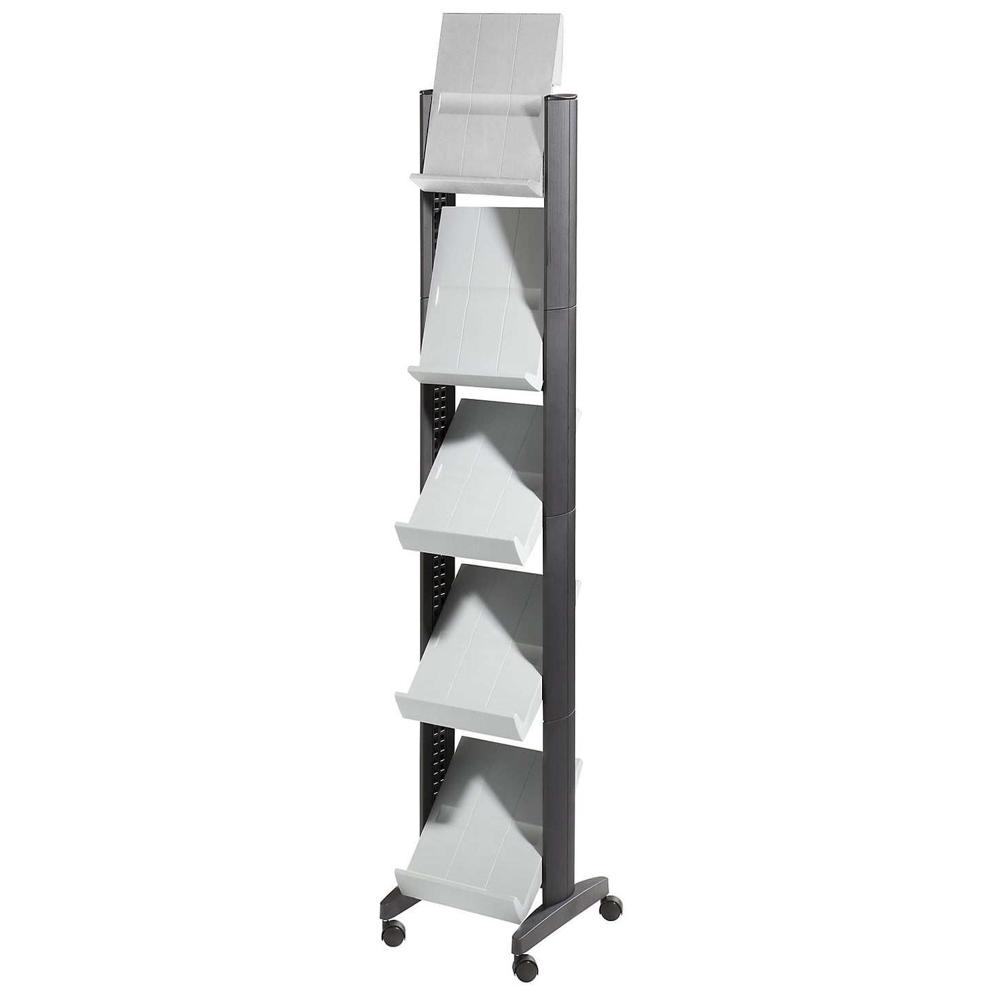 Brochure display stand made of polystyrene, for 5 x A4, black / light grey.