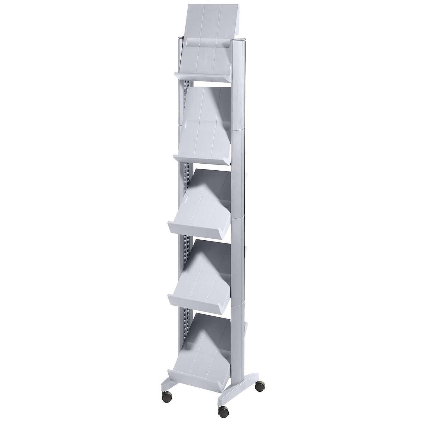 Brochure display stand made of polystyrene, for 5 x A4, aluminium silver / aluminium silver.