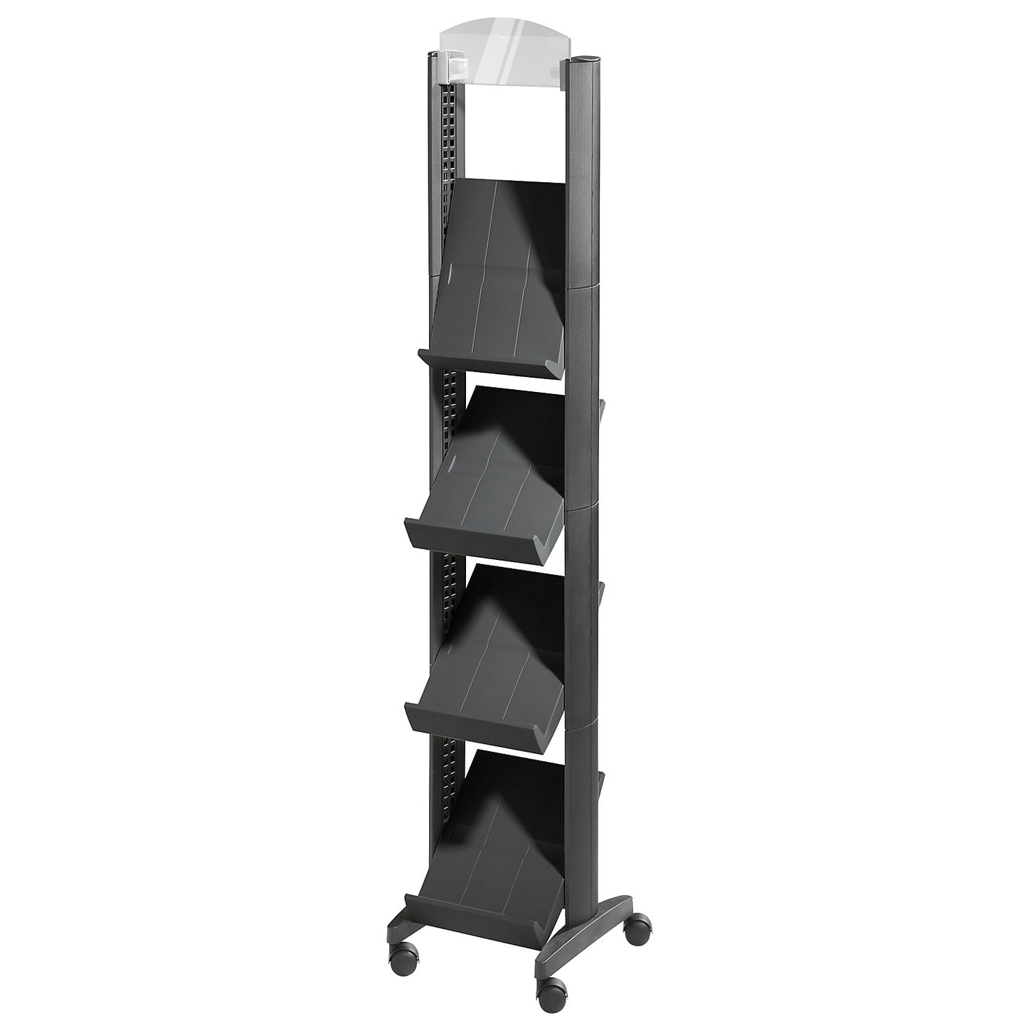 Brochure display stand made of polystyrene, for 4 x A4, with advertising space, black / black.