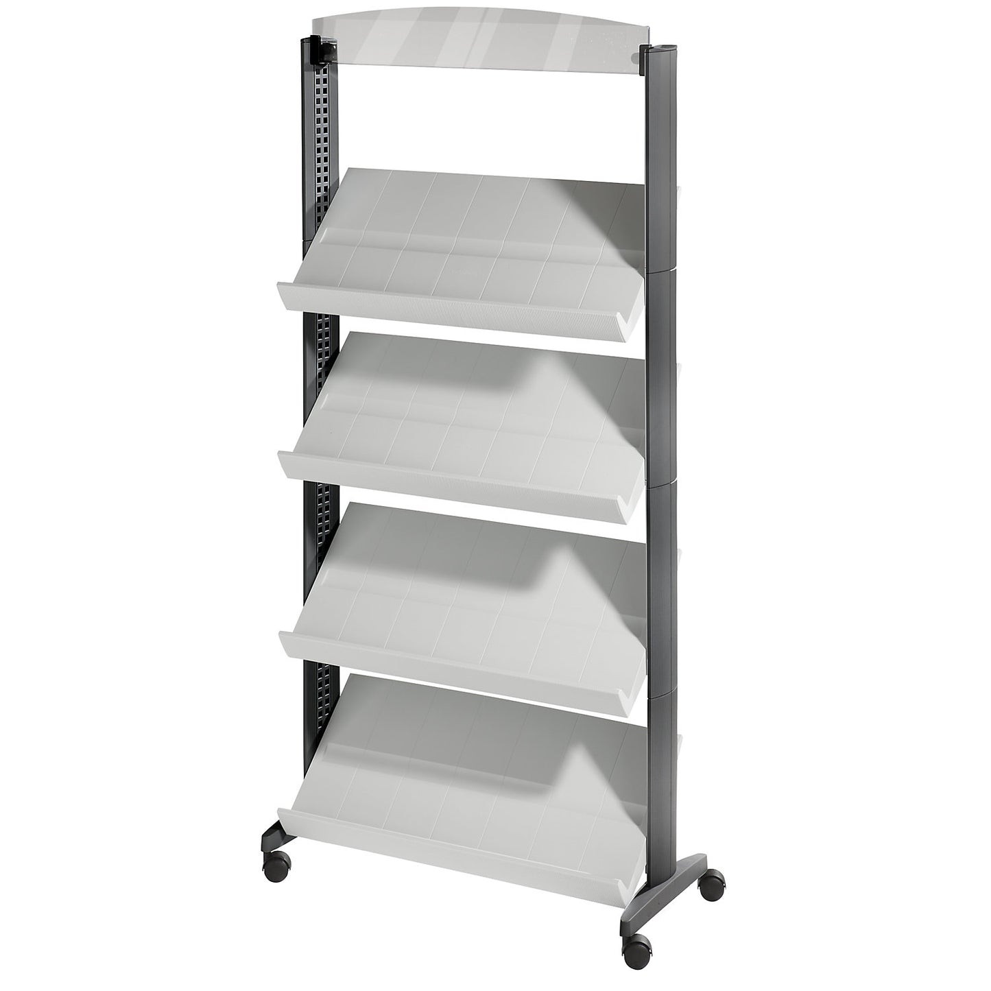 Brochure display stand made of polystyrene, for 12 x A4, with advertising space, black / light grey.