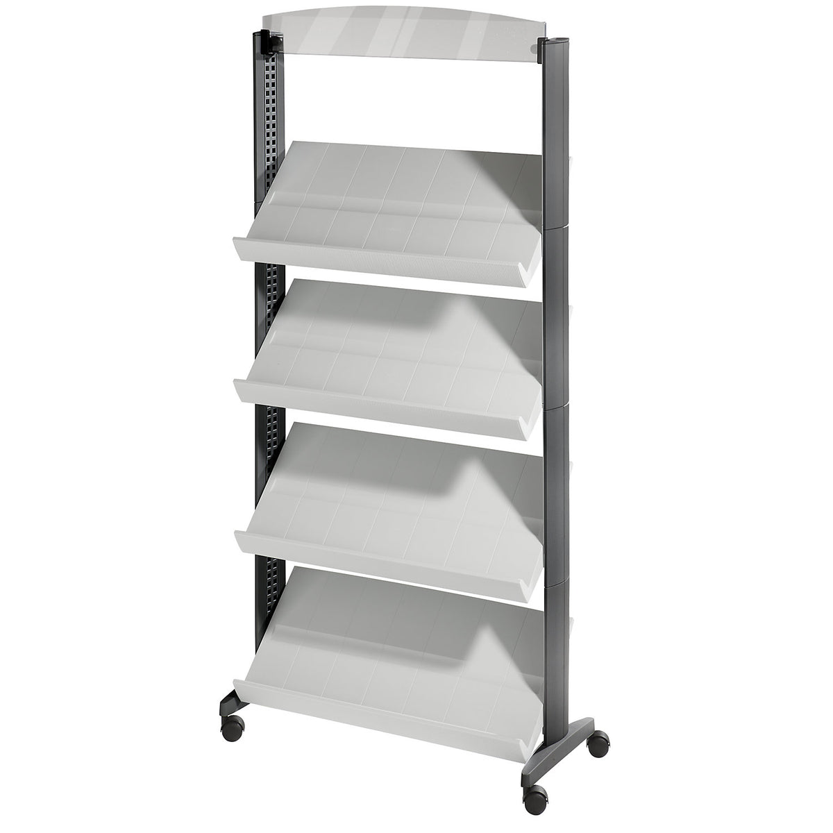 Brochure display stand made of polystyrene, for 12 x A4, with advertising space, black / light grey.