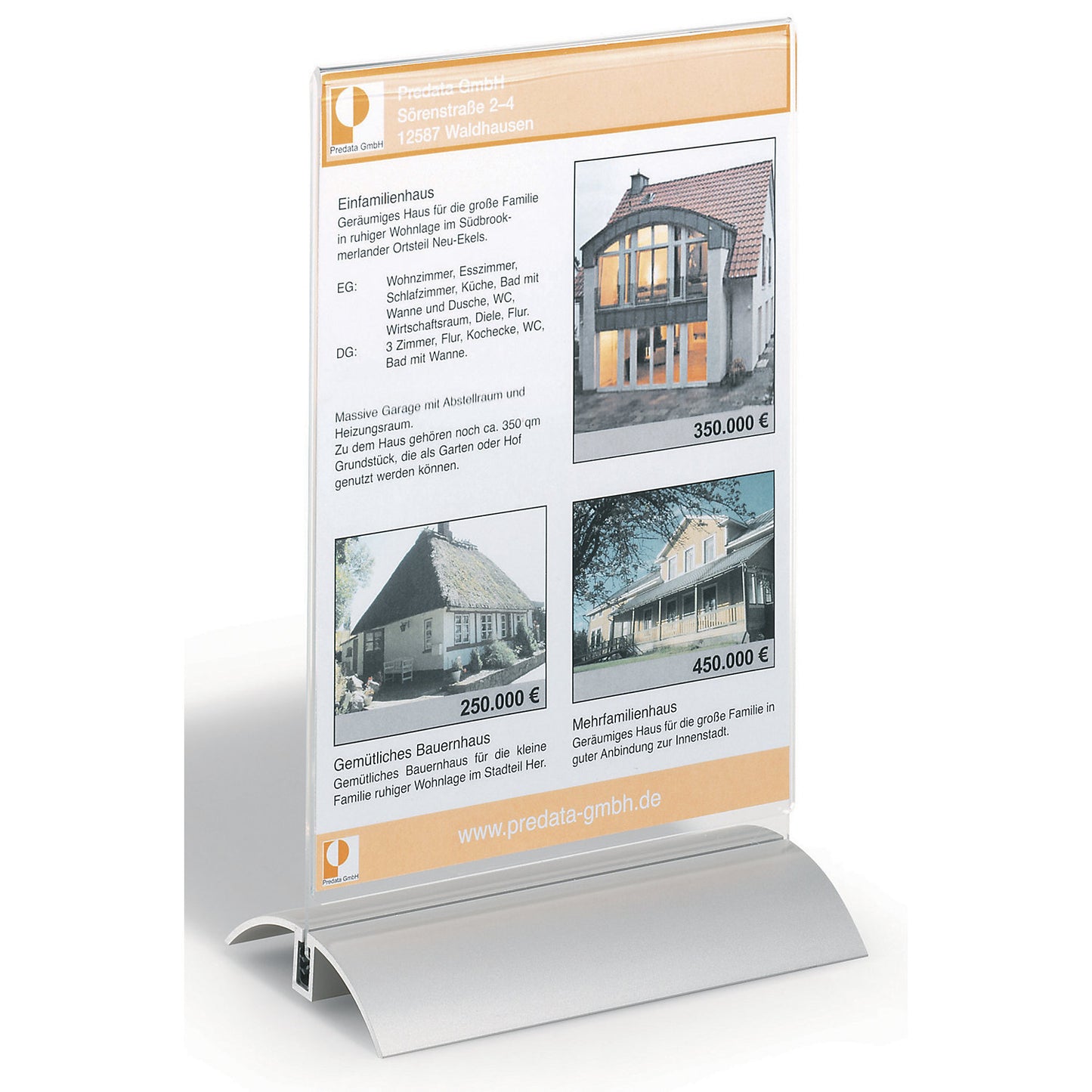 Tabletop stand, acrylic with aluminium base, A5, HxWxD 237 x 150 x 85 mm, pack of 6.
