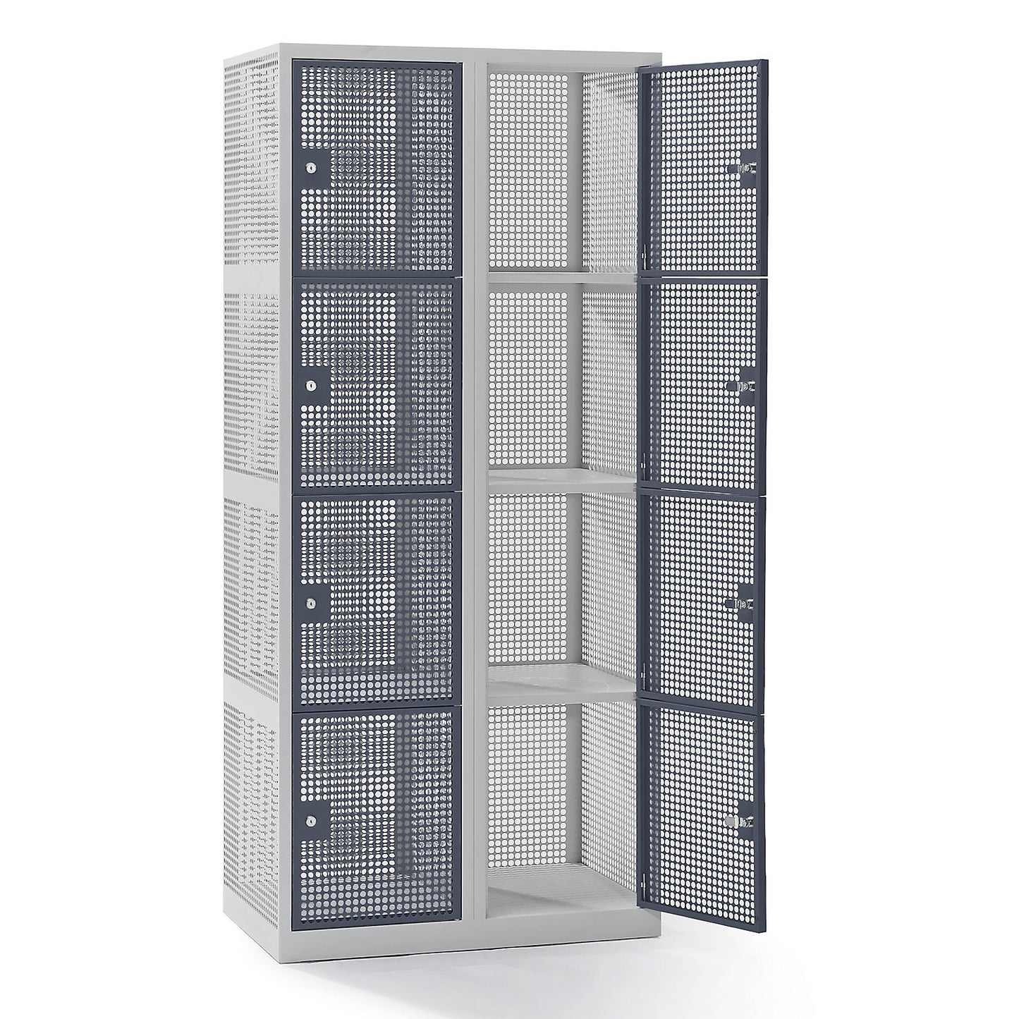 4-fold compartment locker, perforated sheet steel, 2 compartments, light grey / basalt grey.