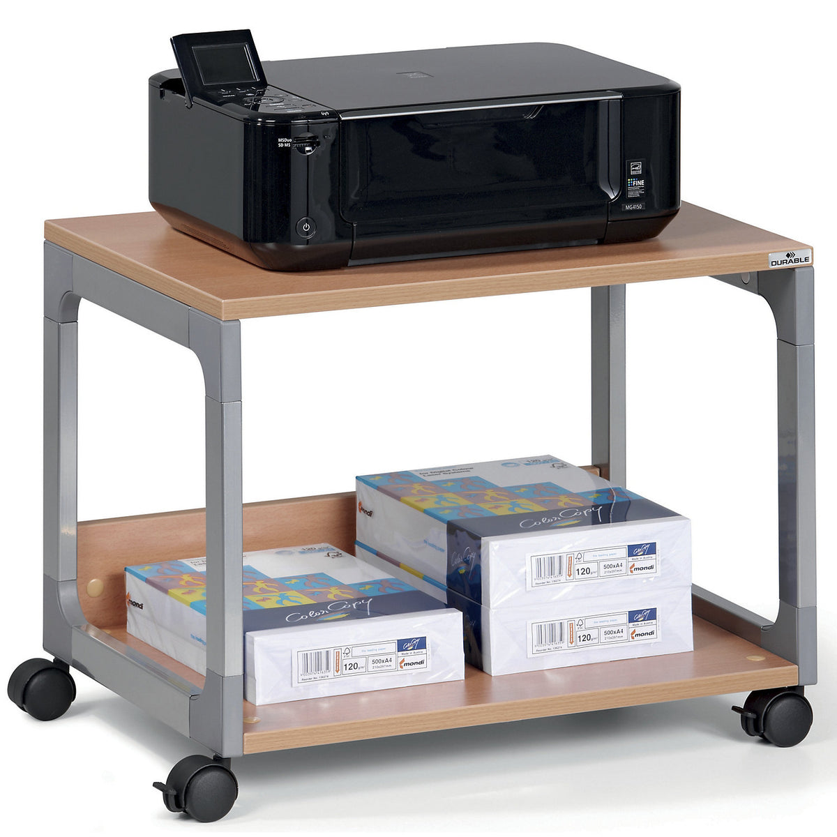 Multifunction / printer trolley, 2 shelves, silver / beech.