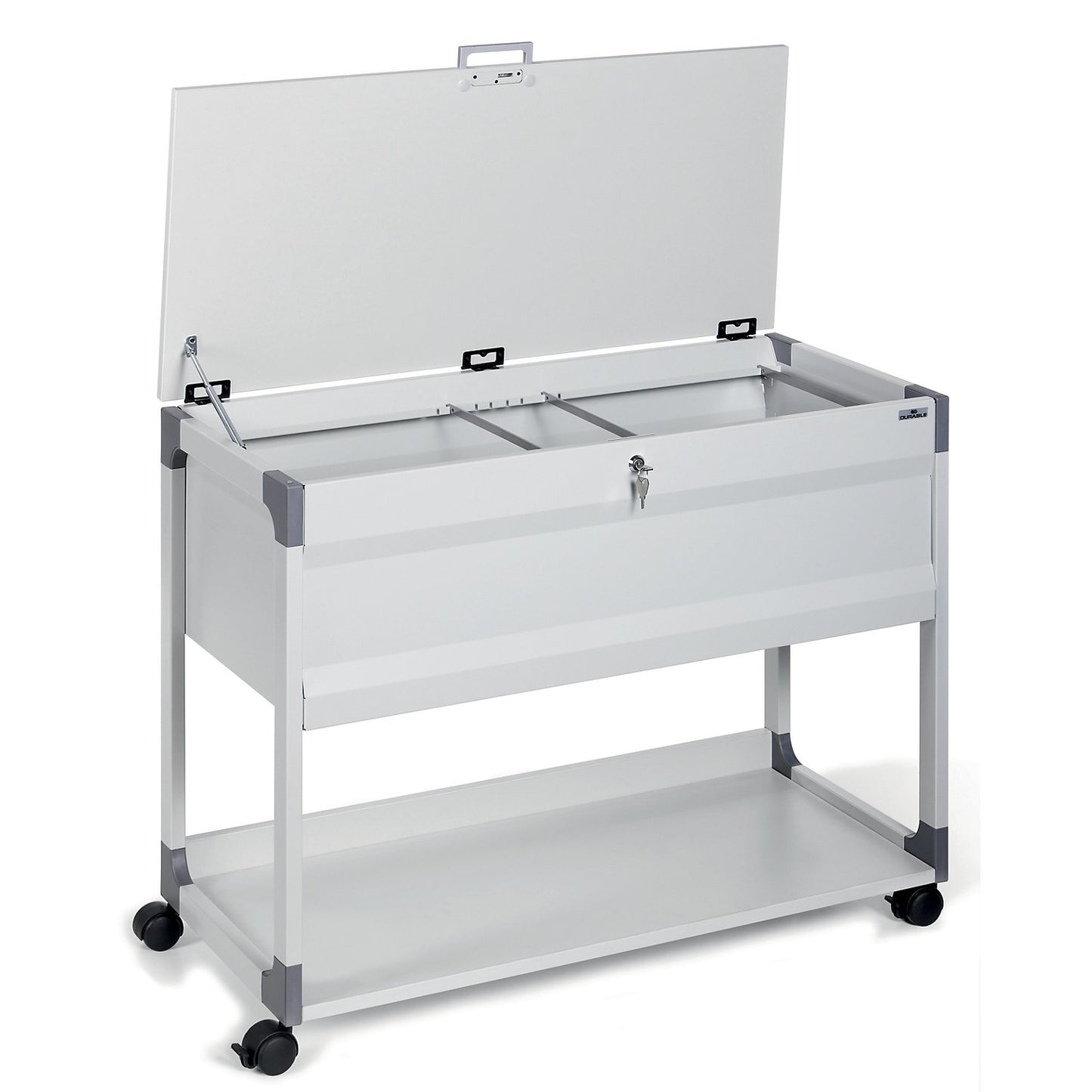 Suspension file trolley with cover, for 100 files, 1 shelf, 1 storage shelf, light grey.