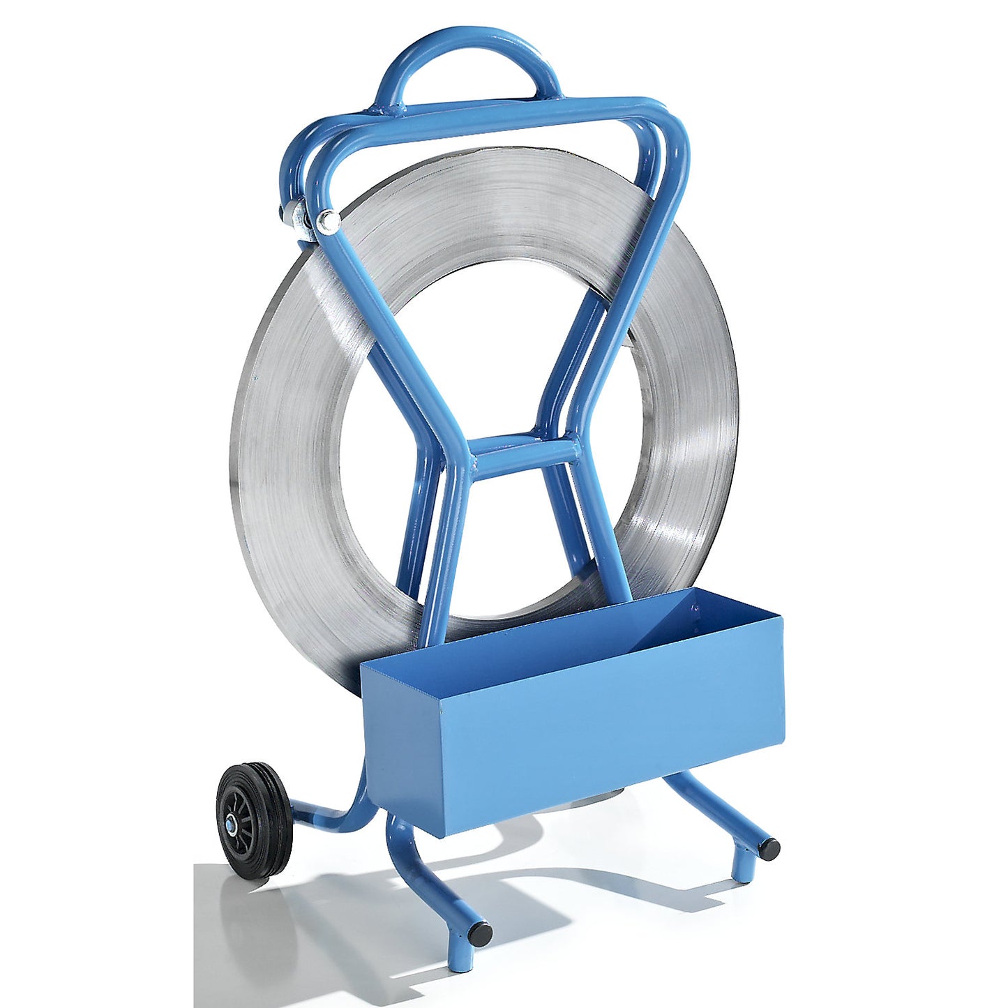 Strap dispenser for steel strapping, for special spools, strap width 16 mm, mobile, with storage compartment.