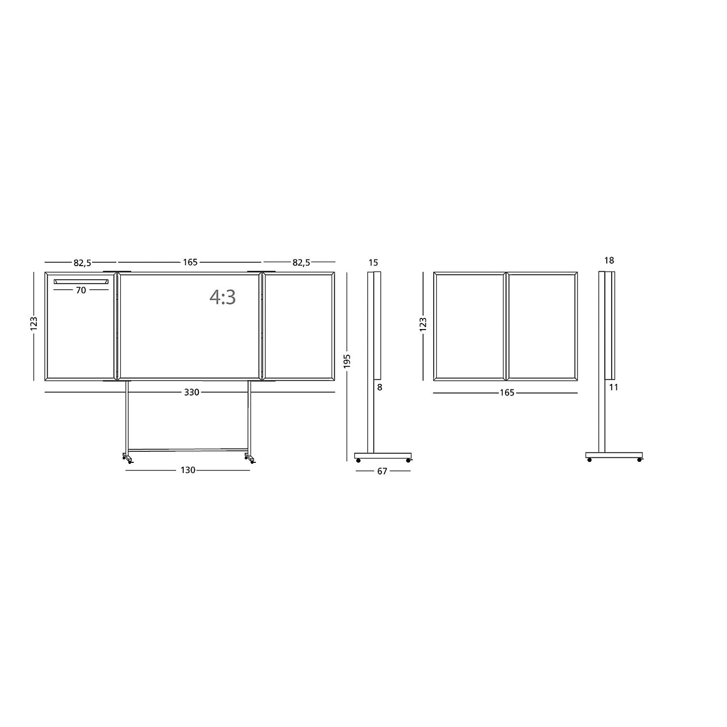 Folding whiteboard, complete set, sheet steel, enamel, 4:3 projection format.