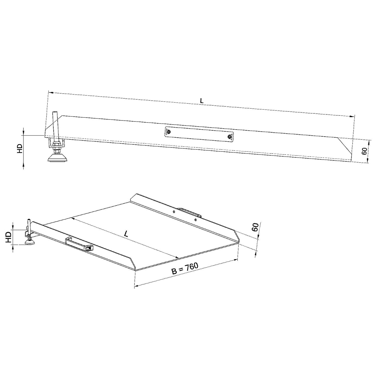 Bridge plate with raised edges, max. load 300 kg, 68 - 150 mm height differential.