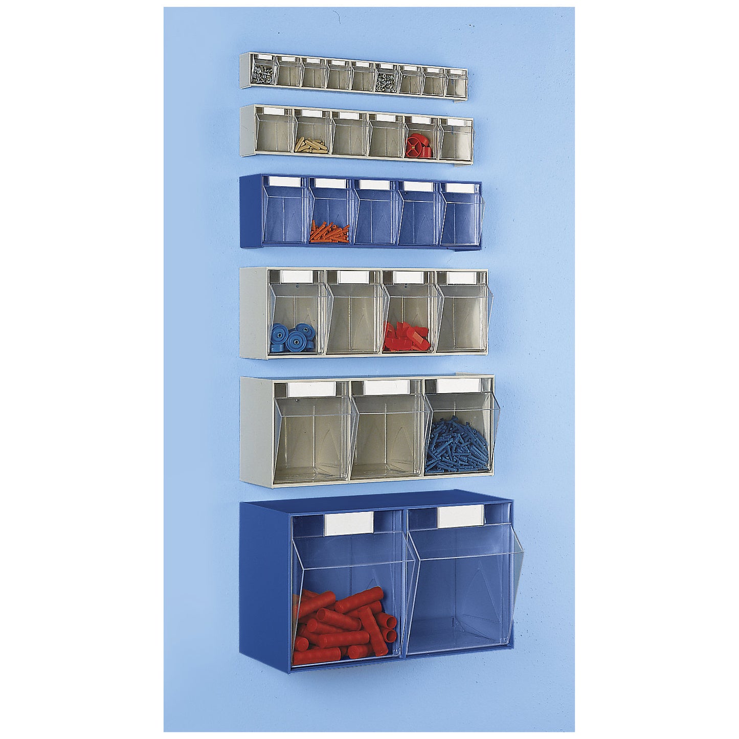 Visual storage container system, housing HxWxD 164 x 600 x 133 mm, 5 bins, sand beige.