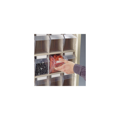 Sheet steel storage cupboard, with 61 transparent pull-out bins, light grey.