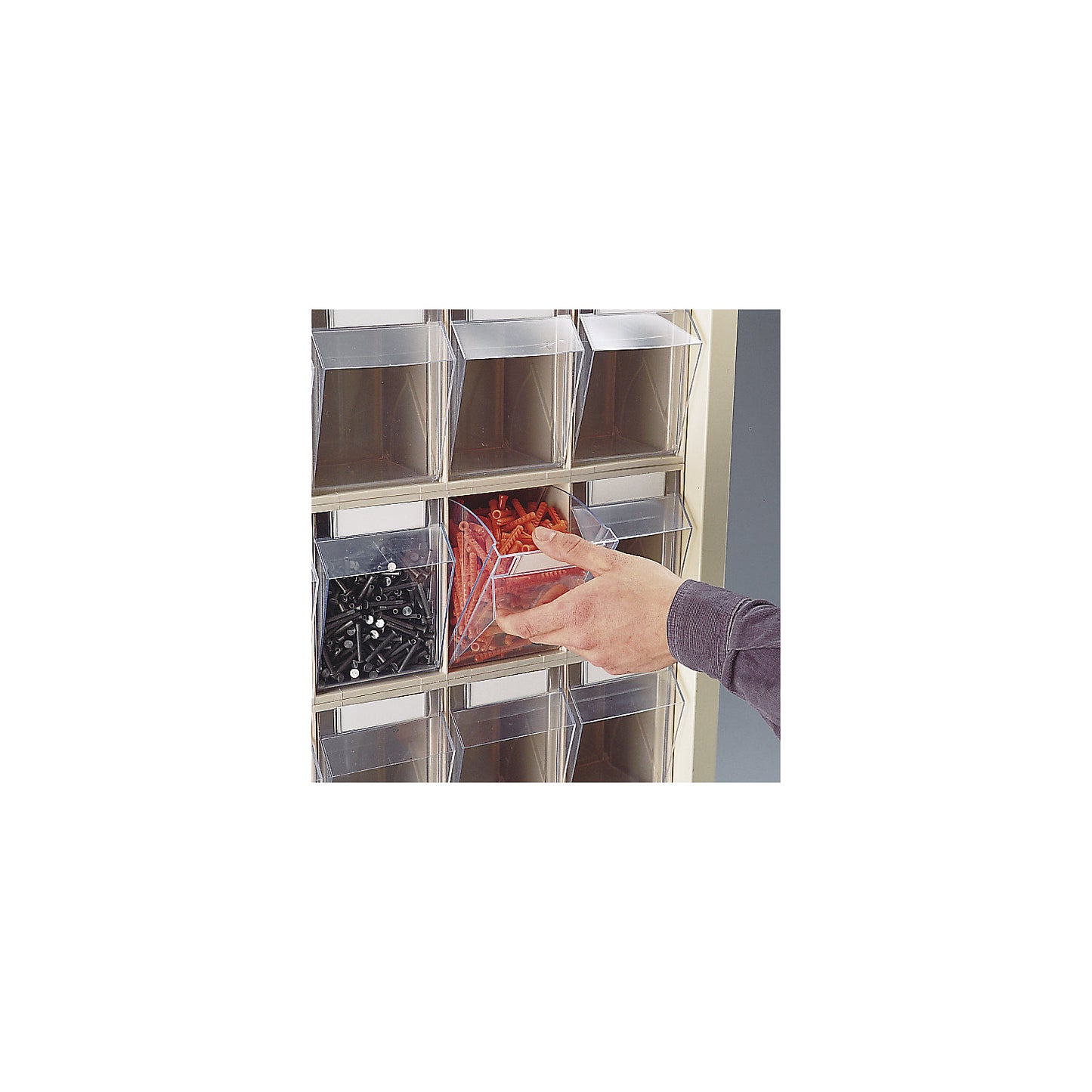 Sheet steel storage cupboard, with 154 transparent pull-out bins, light grey.