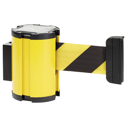Belt barrier, belt extends to max. 3000 mm, yellow cartridge, yellow / black belt.