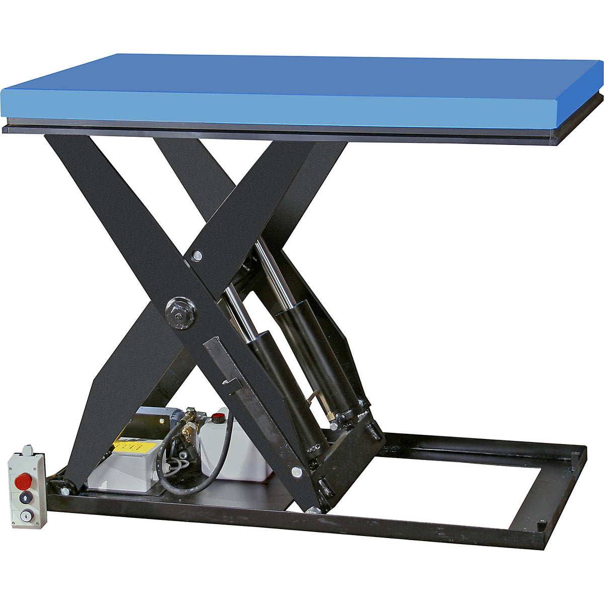 Compact lift table, platform LxW 1300 x 800 mm, max. load 1000 kg, operating voltage 400 V.