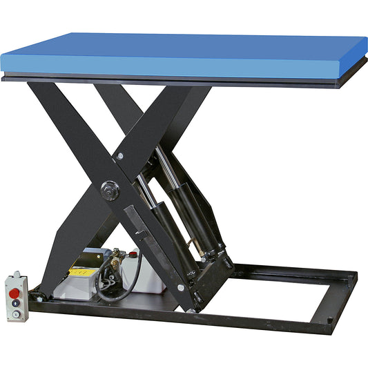 Compact lift table, platform LxW 1300 x 800 mm, max. load 1000 kg, operating voltage 400 V.