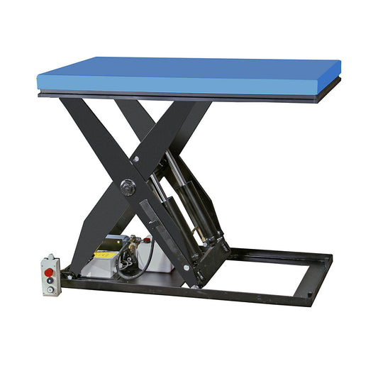 Compact lift table, platform LxW 1300 x 800 mm, max. load 2000 kg, operating voltage 400 V.