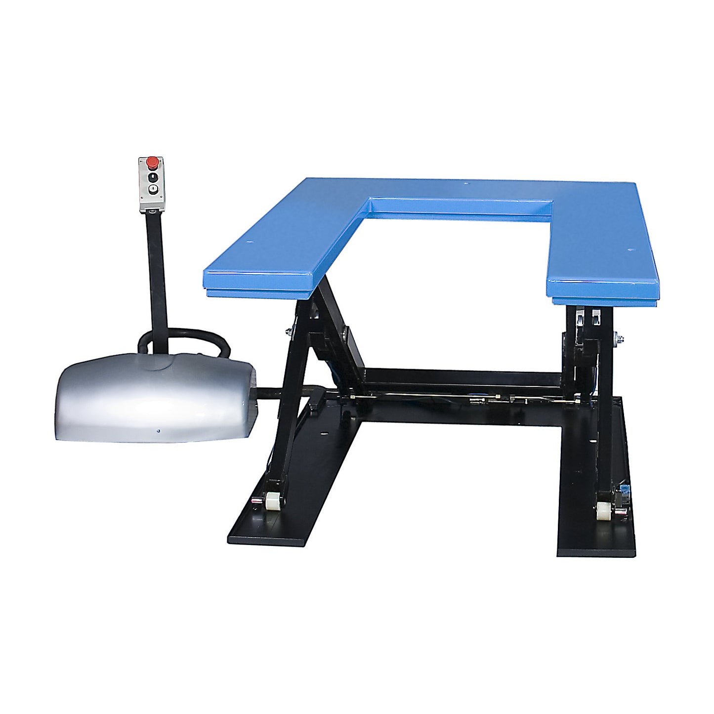 Low profile lift table, U platform, max. load 1000 kg, operating voltage 400 V.