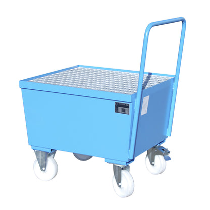 Mobile steel sump tray with edge profiles, for 200 l drum, 1 x upright, LxWxH 870 x 800 x 1110 mm, blue RAL 5012.