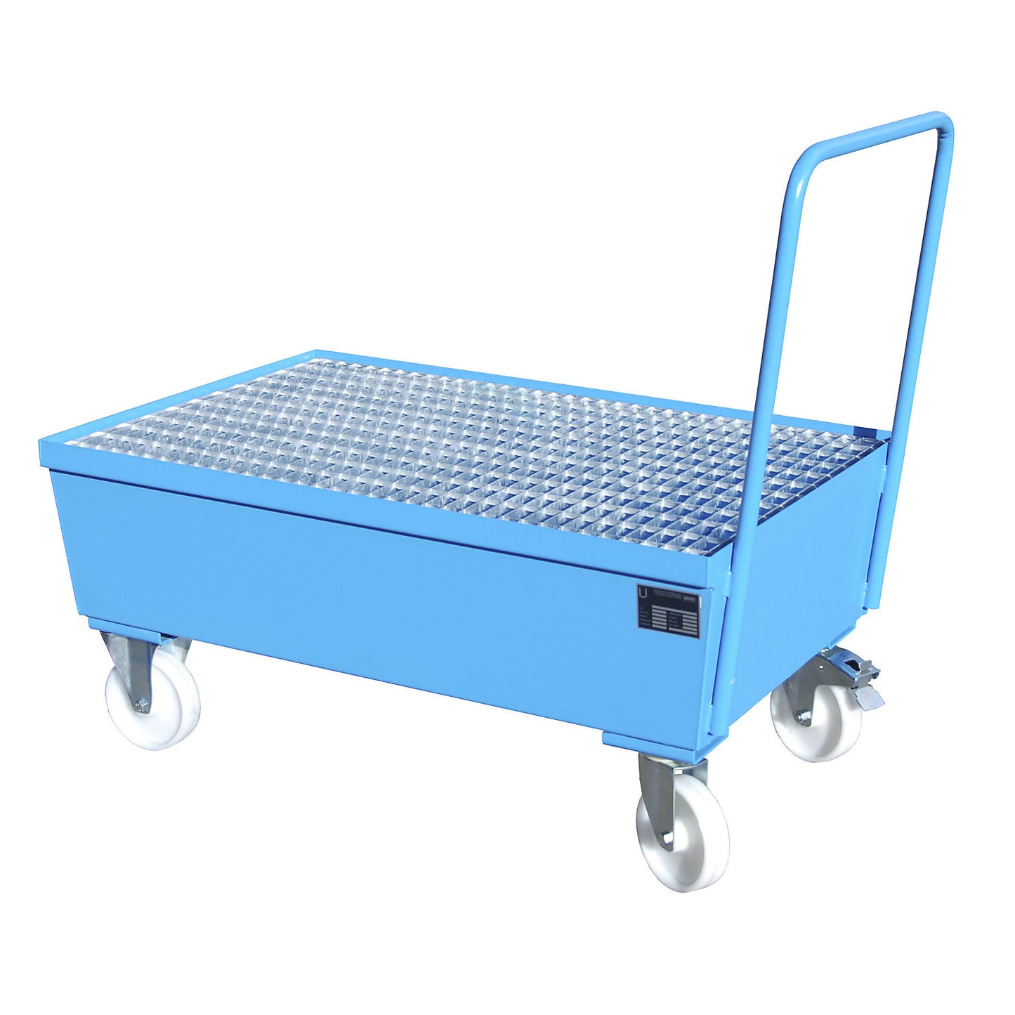 Mobile steel sump tray with edge profiles, for 200 l drums, 2 x upright, LxWxH 1280 x 800 x 1110 mm, blue RAL 5012.
