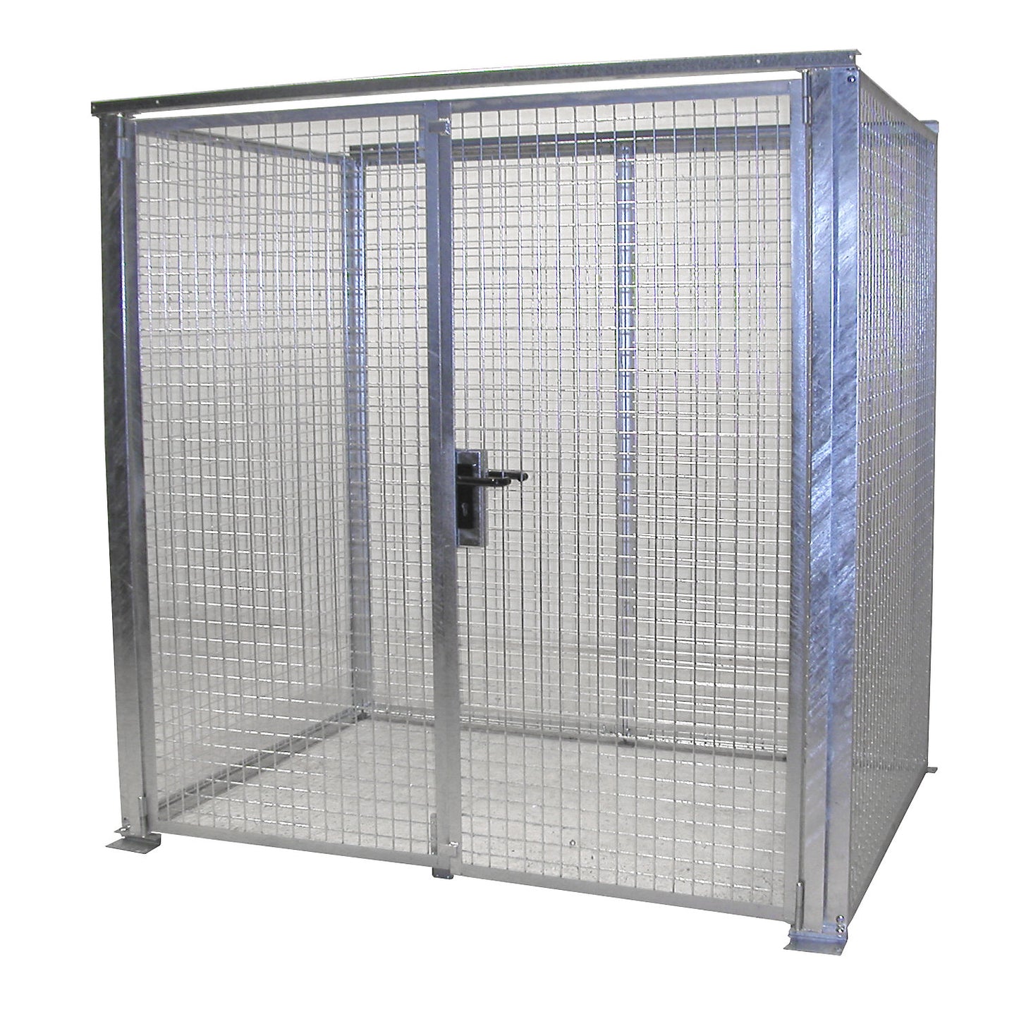 Mesh gas cylinder cage, without roof, with double hinged doors, WxD 2100 x 1500 mm.