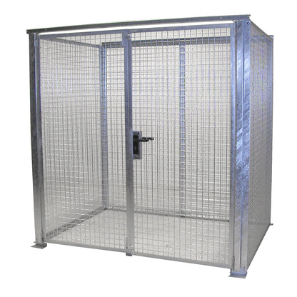 Mesh gas cylinder cage, without roof, with double hinged doors, WxD 2100 x 1500 mm.